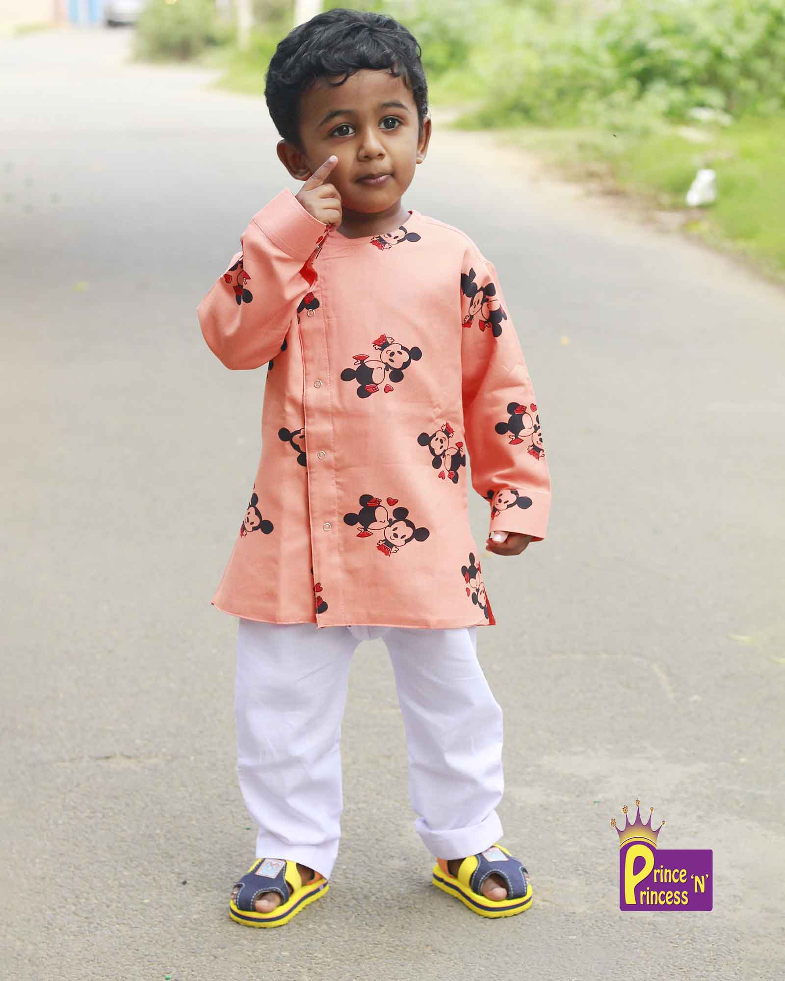 Kids Peach With Micky Mouse Printed Cotton Kurta KP024 - Prince N Princess