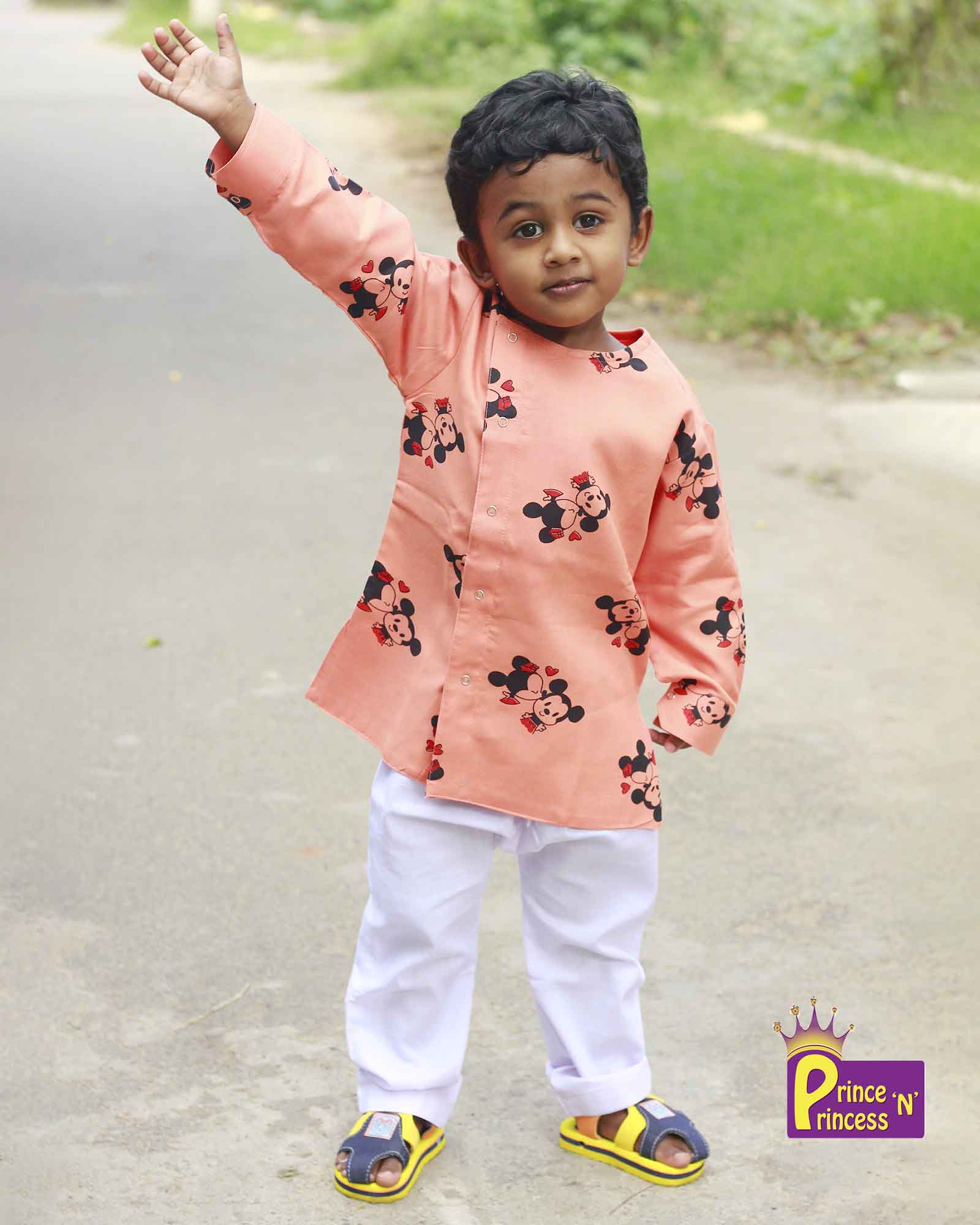 Kids Peach With Micky Mouse Printed Cotton Kurta KP024 - Prince N Princess