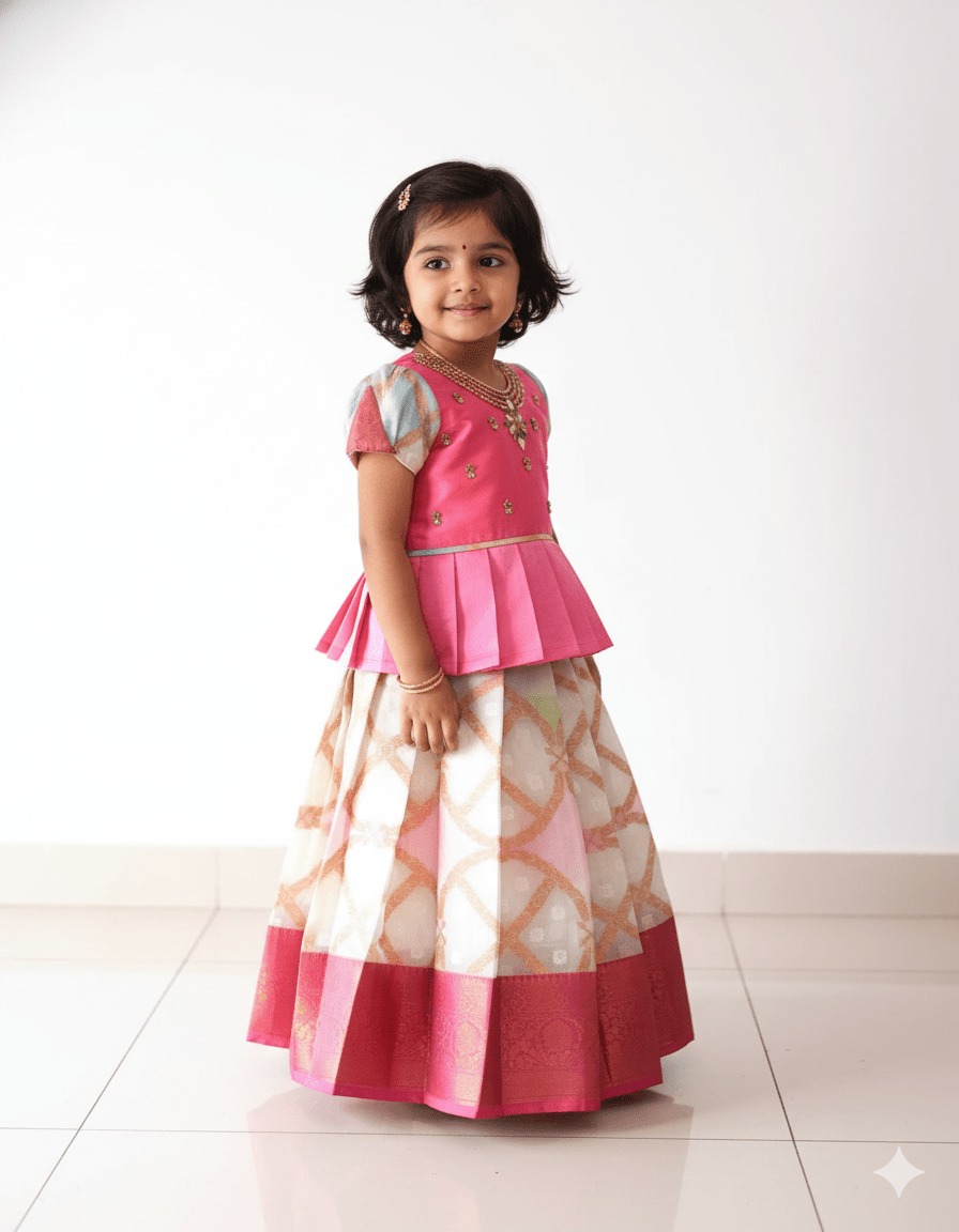 Kids Peach With Off White Trendy Pattu pavadai PPP1410 - Prince N Princess