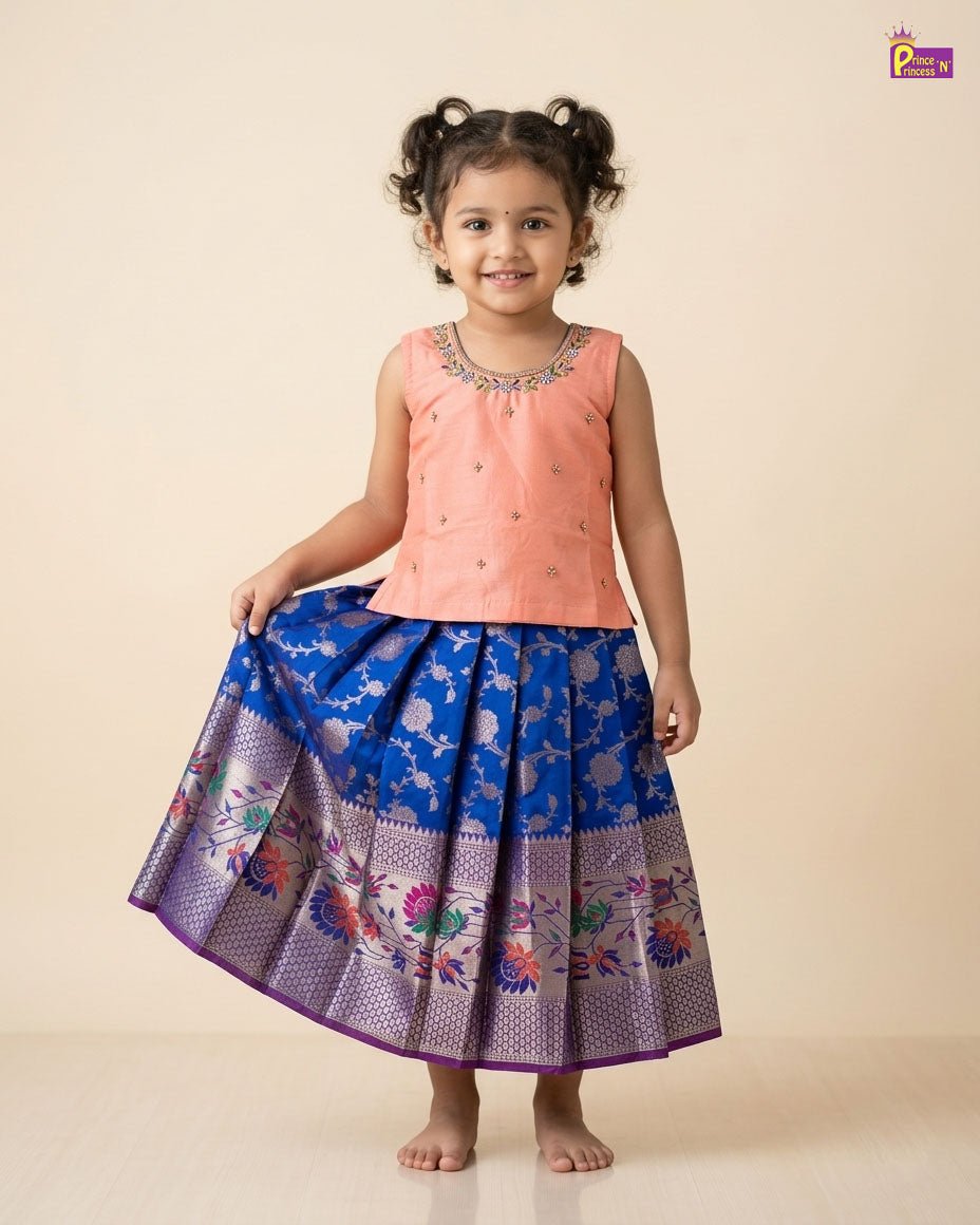 Kids Peach With Pepsi Blue Traditional Pattu Pavadai PPP1837 for kids festival wear