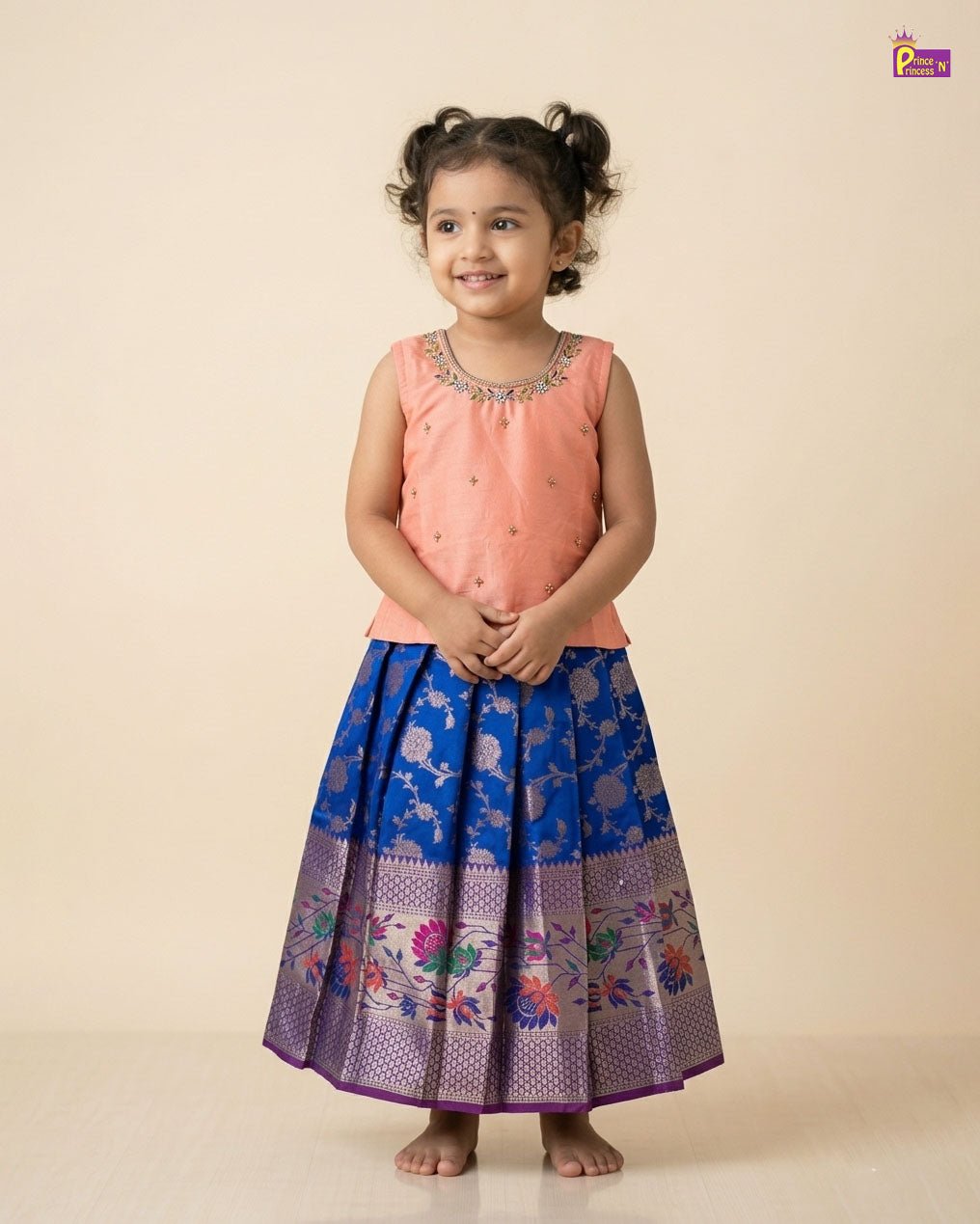 Kids Peach With Pepsi Blue Traditional Pattu Pavadai PPP1837 for kids festival wear