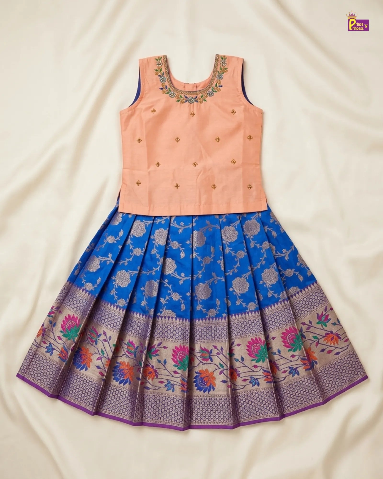 Kids Peach With Pepsi Blue Traditional Pattu Pavadai PPP1837 for kids festival wear