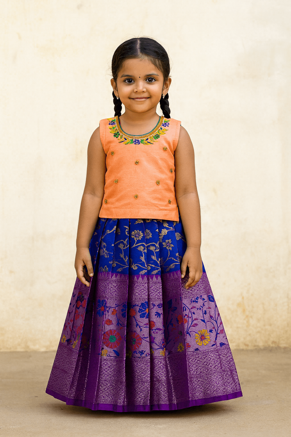 Kids Peach With Pepsi Blue Traditional Pattu Pavadai PPP1837 - Prince N Princess