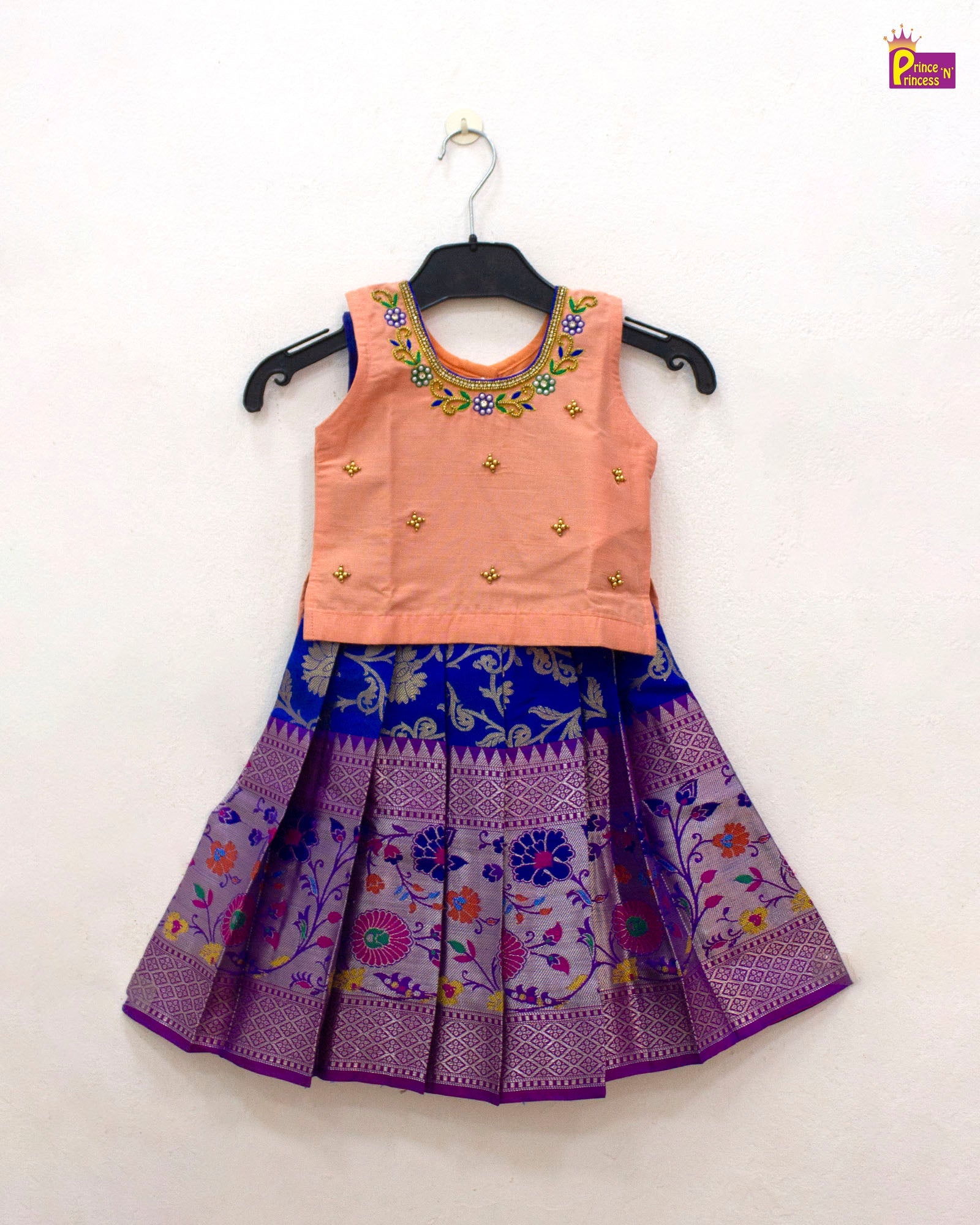 Kids Peach With Pepsi Blue Traditional Pattu Pavadai PPP1837 - Prince N Princess