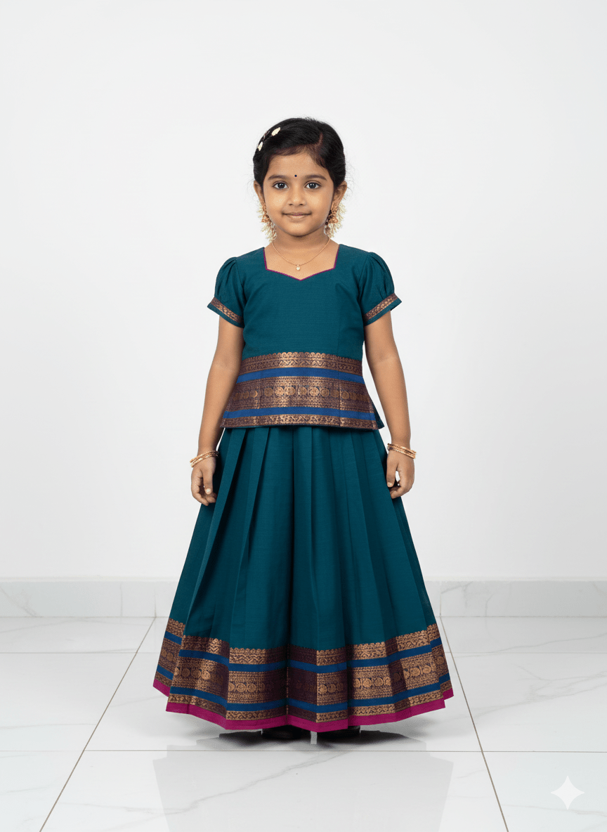 Kids Peacock blue Chettinad Cotton Traditional Pavadai Sattai PPP1963 for kids festival wear