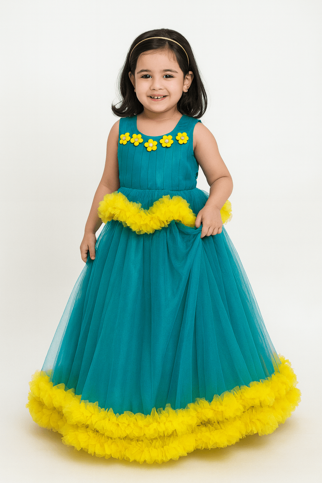 Kids Peacock Blue Yellow Party Frock BG210 - Prince N Princess
