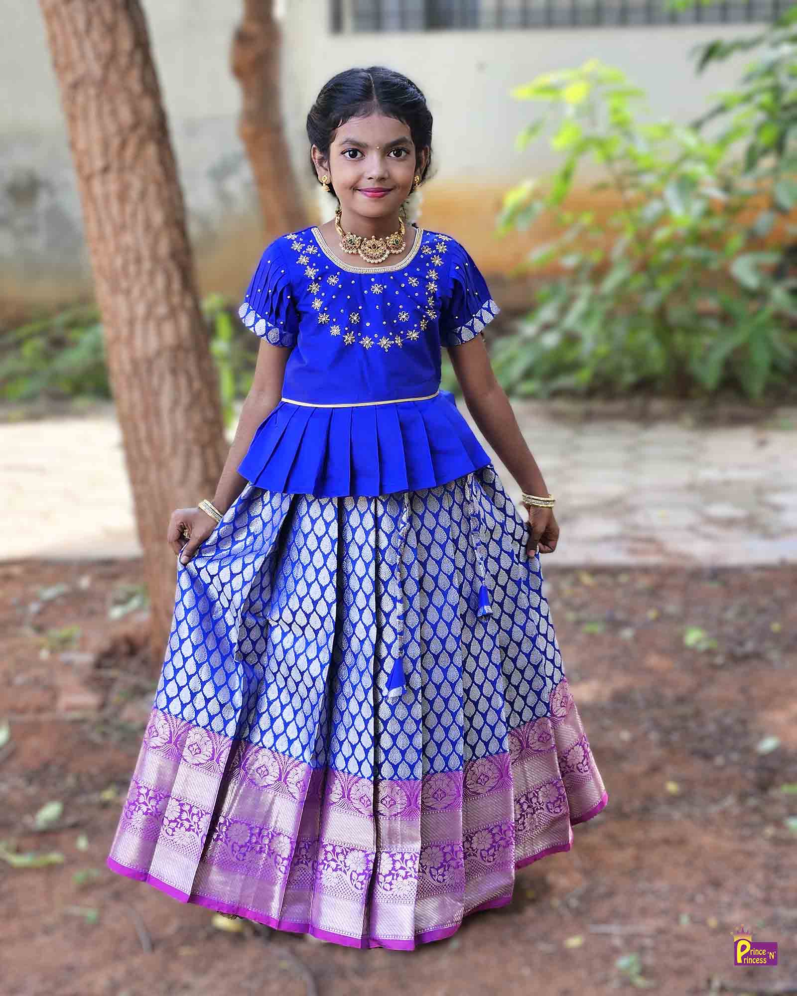 Kids Pepsi Blue Traditional AARI Work pattu Pavadai PPP1497 - Prince N Princess