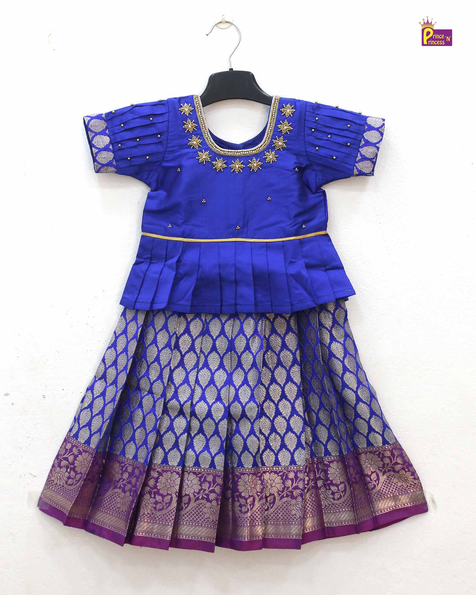 Kids Pepsi Blue Traditional AARI Work pattu Pavadai PPP1596 - Prince N Princess