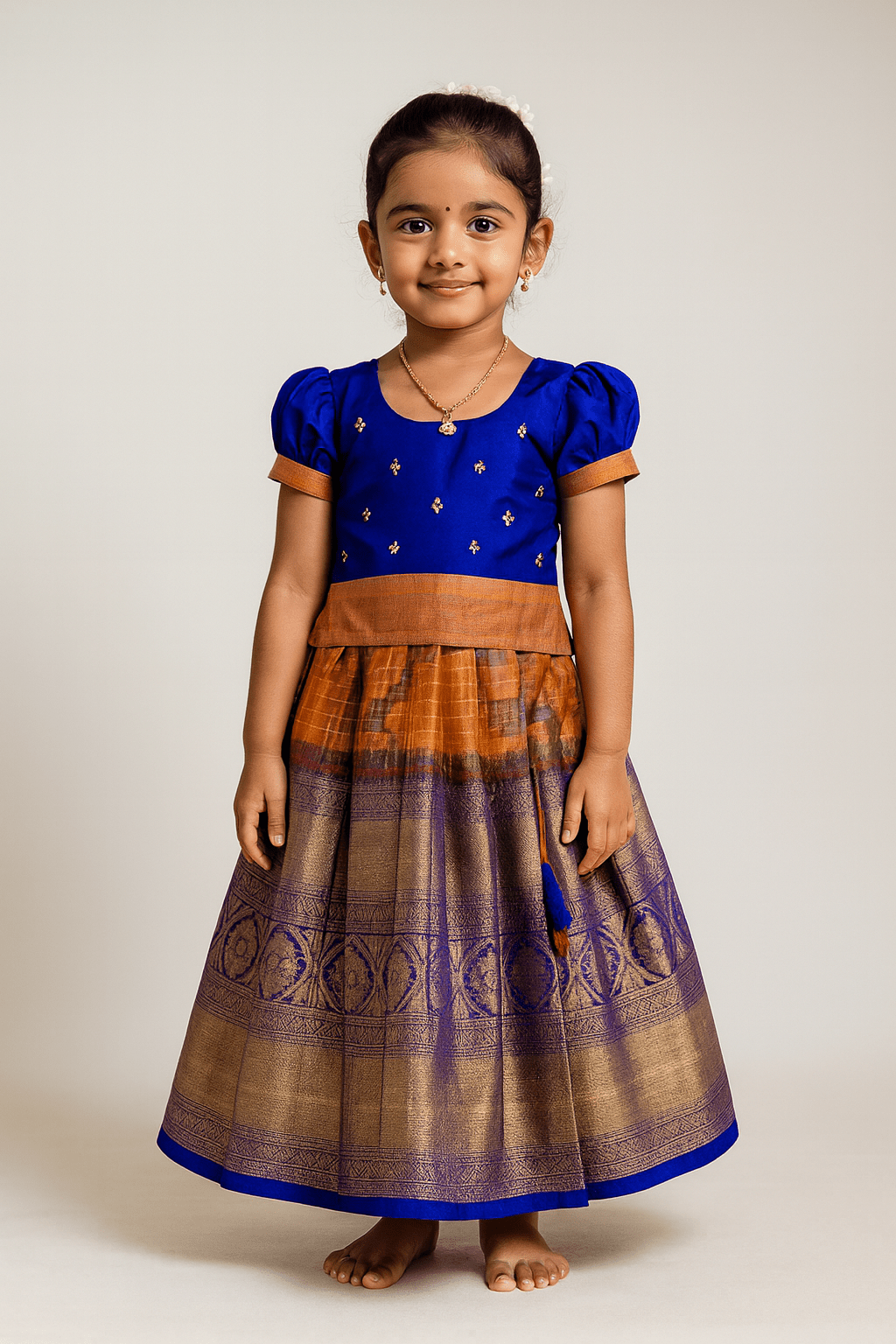Kids Pepsi Blue With Orange Traditional Aari Work Pattupavadai PPP1835 - Prince N Princess