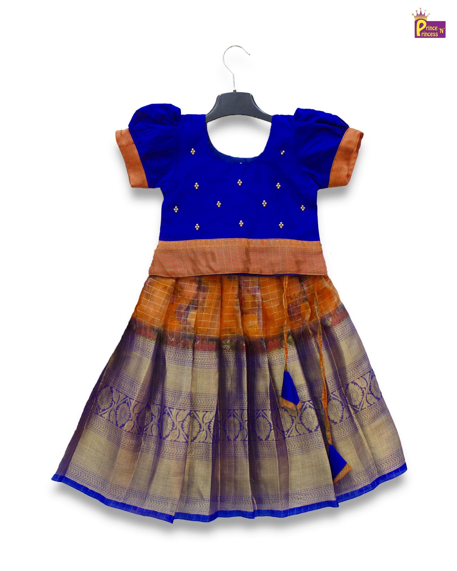 Kids Pepsi Blue With Orange Traditional Aari Work Pattupavadai PPP1835 - Prince N Princess