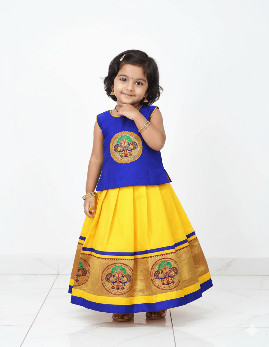 Kids Pepsi Blue With Yellow Traditional Pattupavadai PPP952 - Prince N Princess