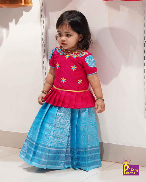 Kids Pink And Blue Aari Work Traditional Pattu Pavadai PPP1175 - Prince N Princess