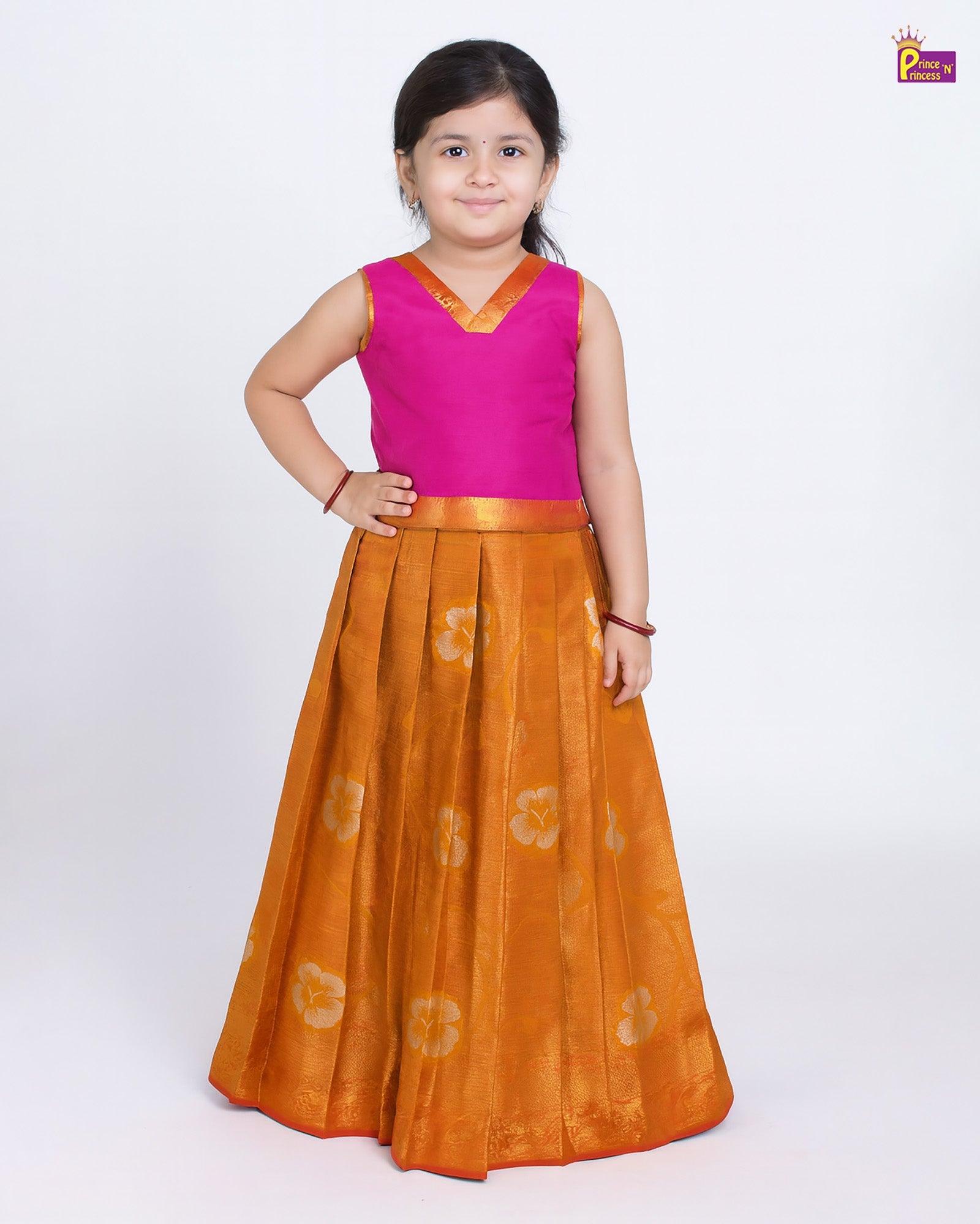 Kids Pink and Brown Traditional Pattu pavadai PPP1846 - Prince N Princess