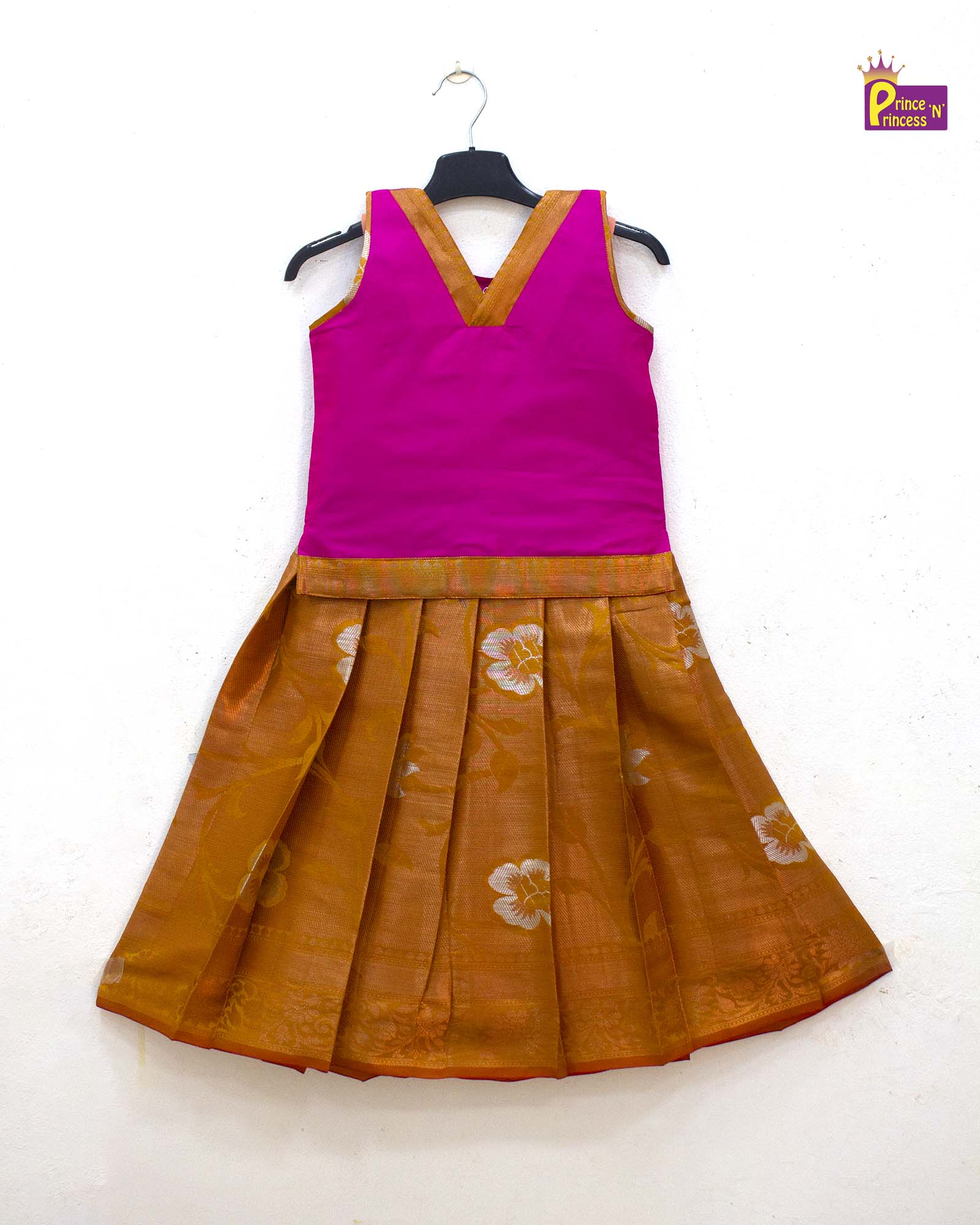 Kids Pink and Brown Traditional Pattu pavadai PPP1846 - Prince N Princess