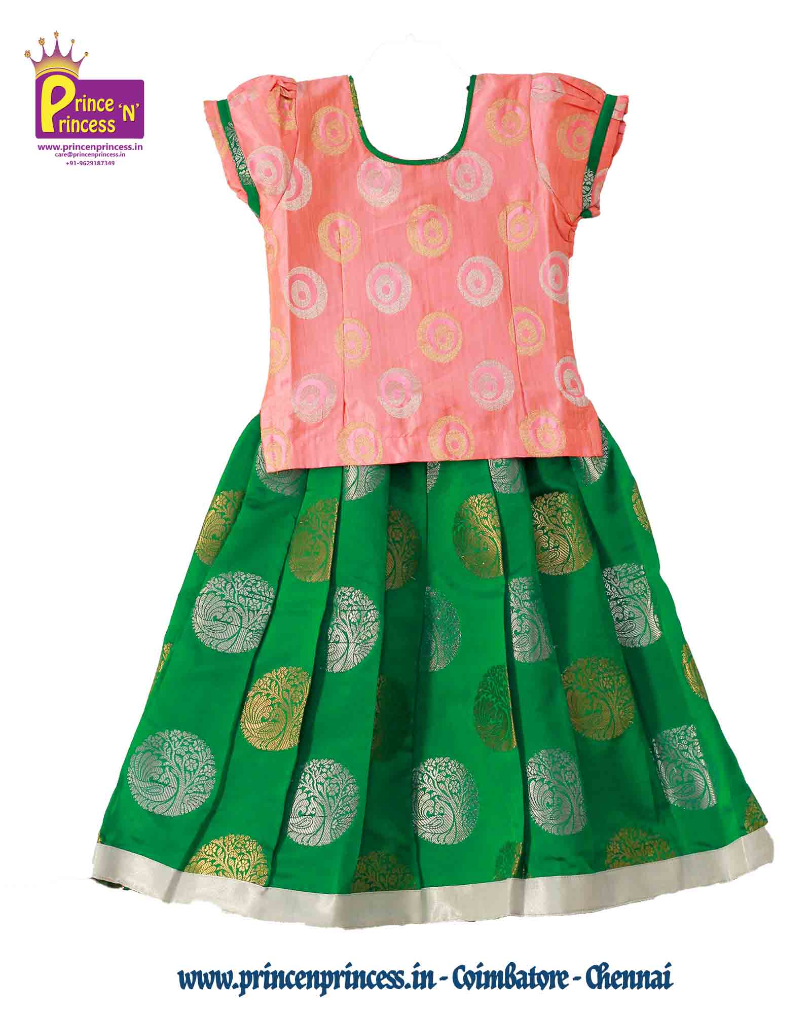 Kids Pink And green Grand Banarasi Silver Jari Pattu Pavadai PPP904 - Prince N Princess