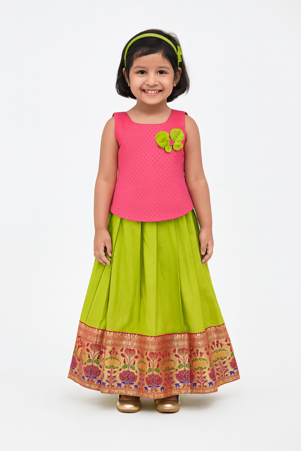 Kids Pink and Green Traditional Pattupavadai PPP1823 - Prince N Princess