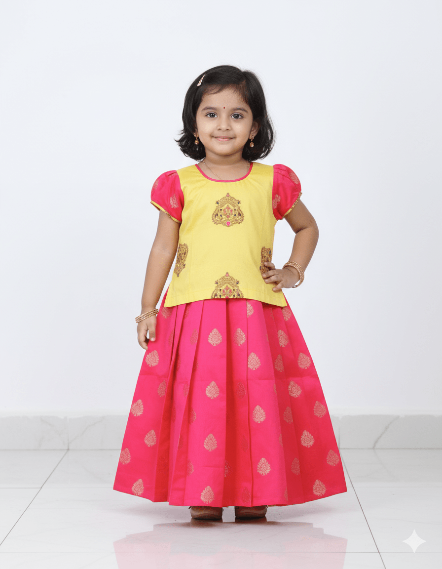 Kids Pink And Half white Traditional Pattu Pavadai PPP1019 - Prince N Princess