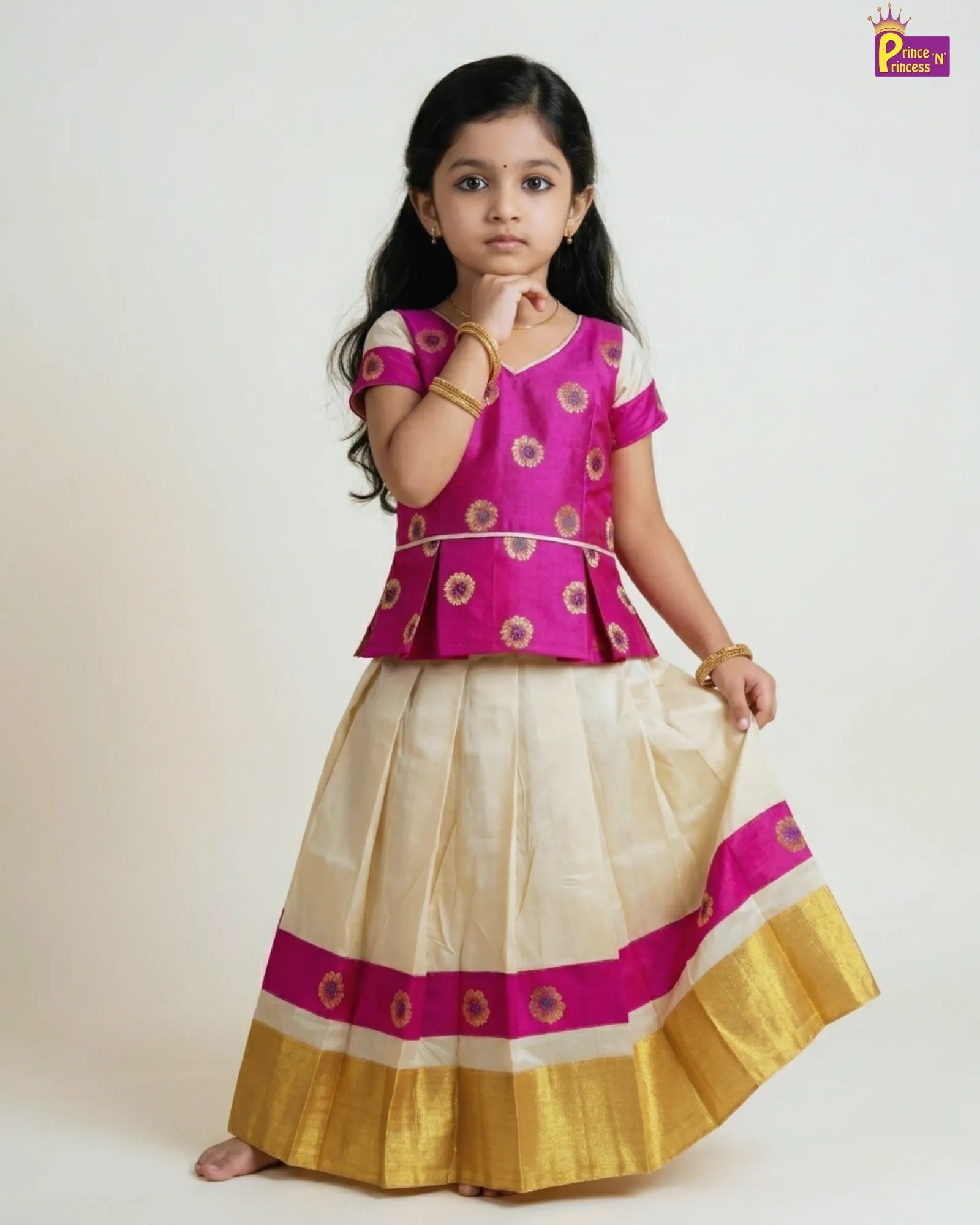 Kids Pink And Half white Traditional Pattu Pavadai PPP1346 for kids festival wear