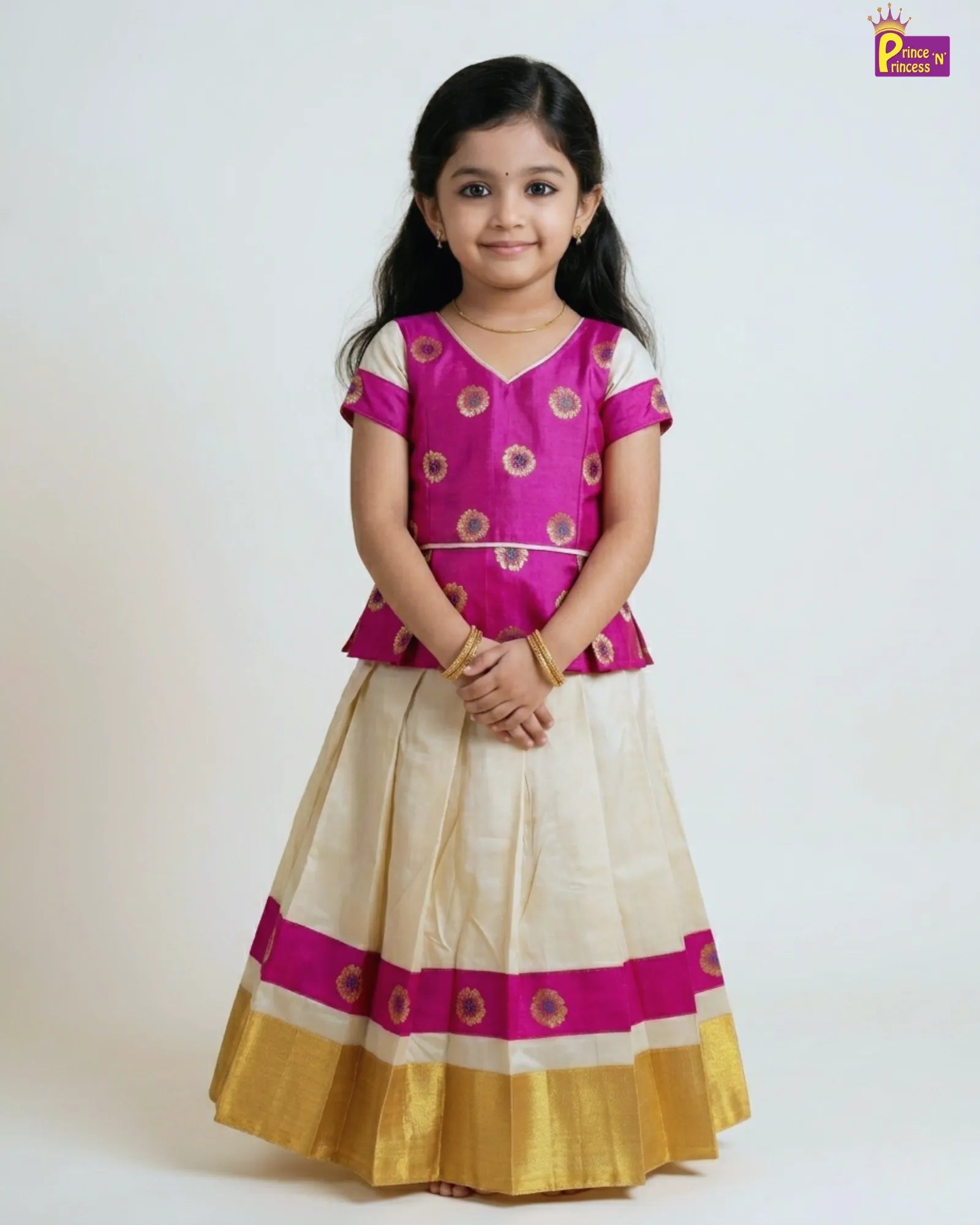 Kids Pink And Half white Traditional Pattu Pavadai PPP1346 for kids festival wear