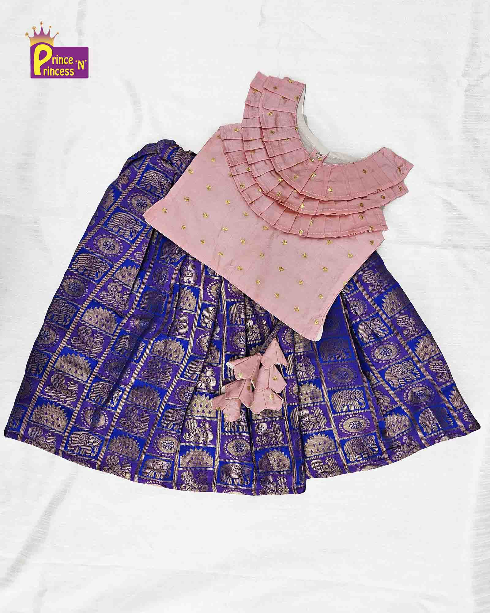 Kids Pink And Navy Knot Pattu pavadai LC230 - Prince N Princess