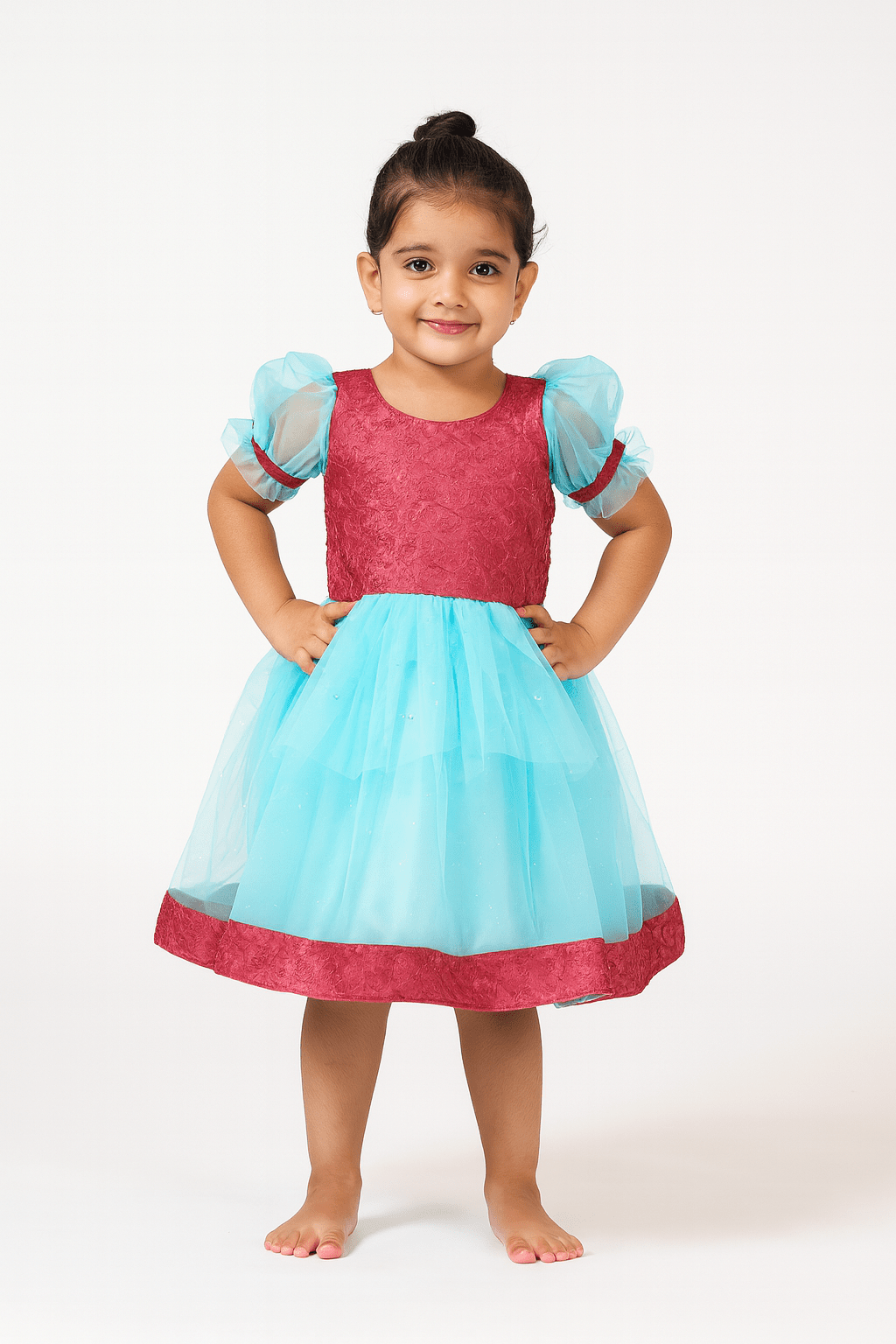 Kids Pink Embroidery net with Sky Blue Party Frock LDF294 - Prince N Princess