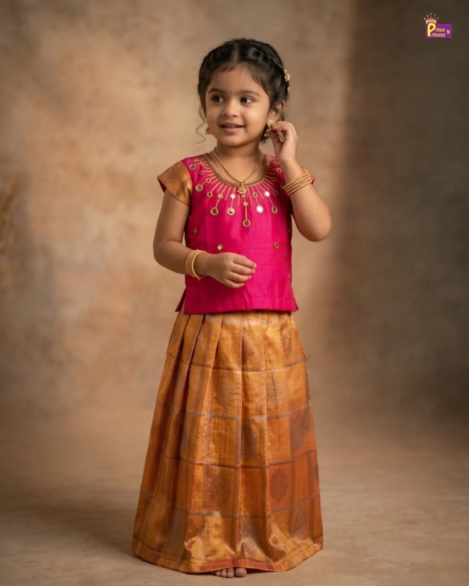 Kids Pink gold Traditional AARI Pattu Pavadai PPP923 for kids festival wear