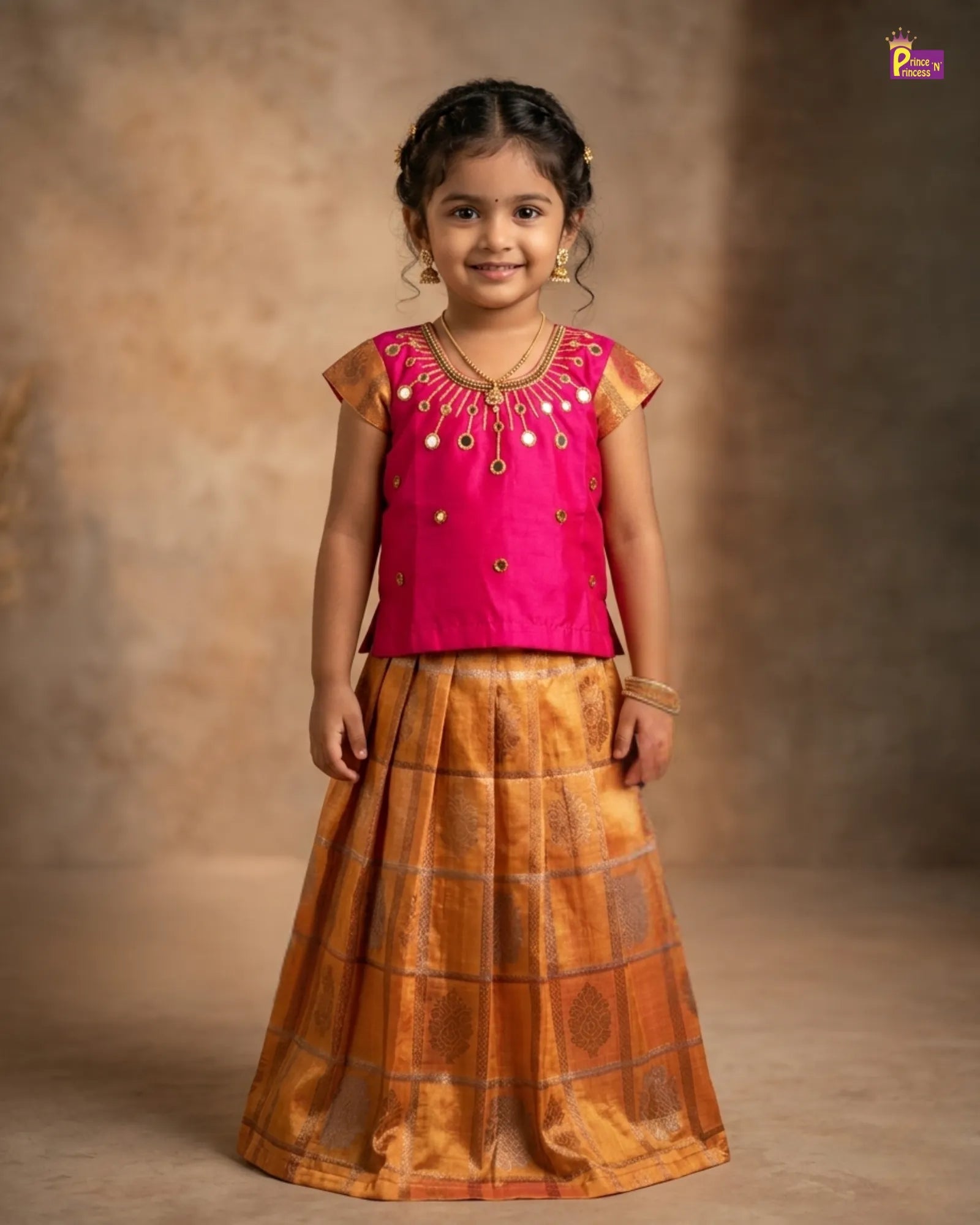 Kids Pink gold Traditional AARI Pattu Pavadai PPP923 for kids festival wear
