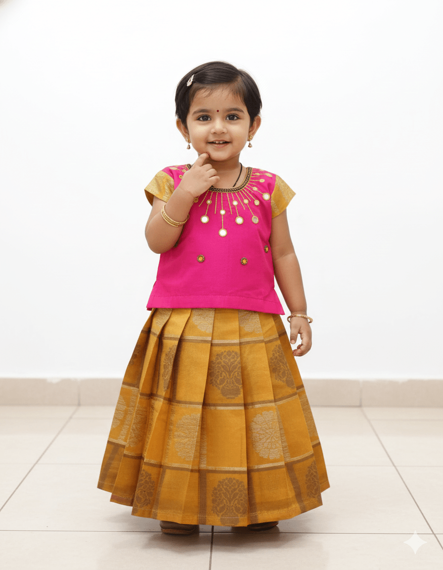 Kids Pink gold Traditional AARI Pattu Pavadai PPP923 - Prince N Princess
