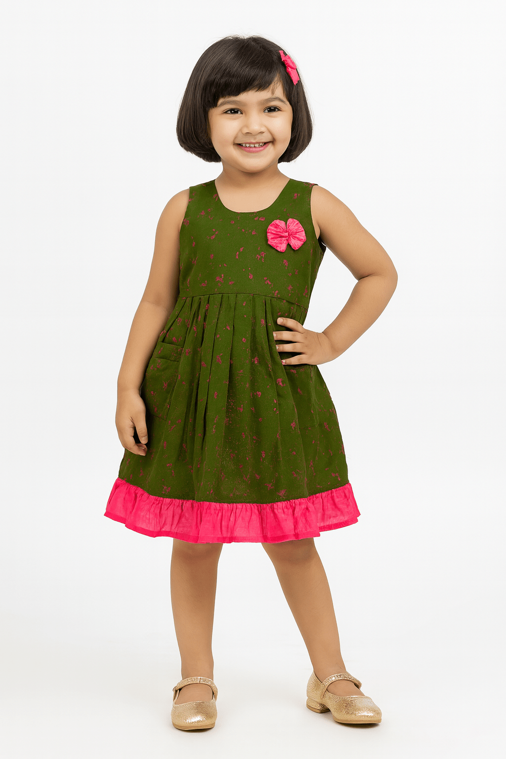 Kids Pink Green Frill Cotton Frock CF274 - Prince N Princess