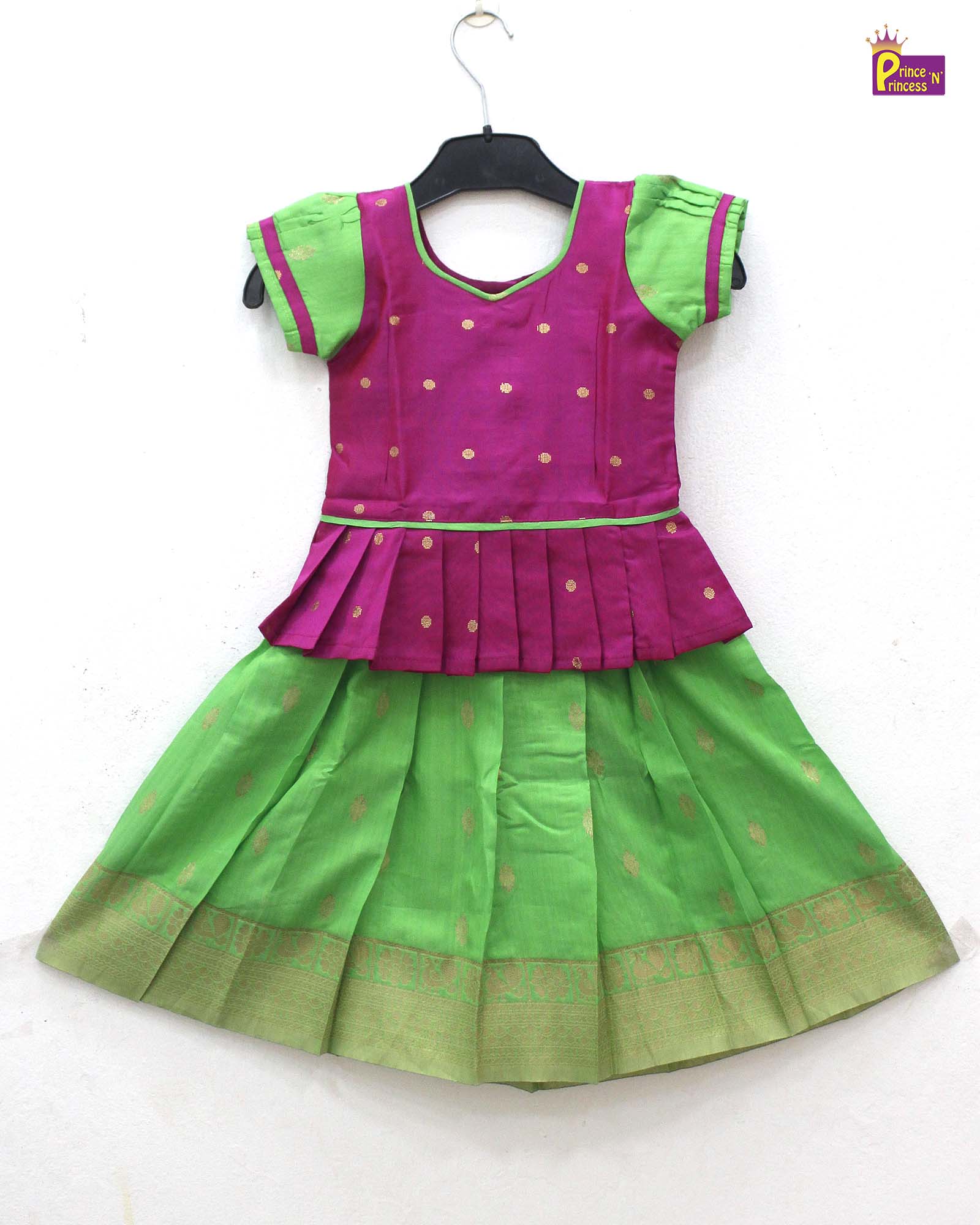 Kids Pink Green Pattu Pavadai PPP1729 - Prince N Princess
