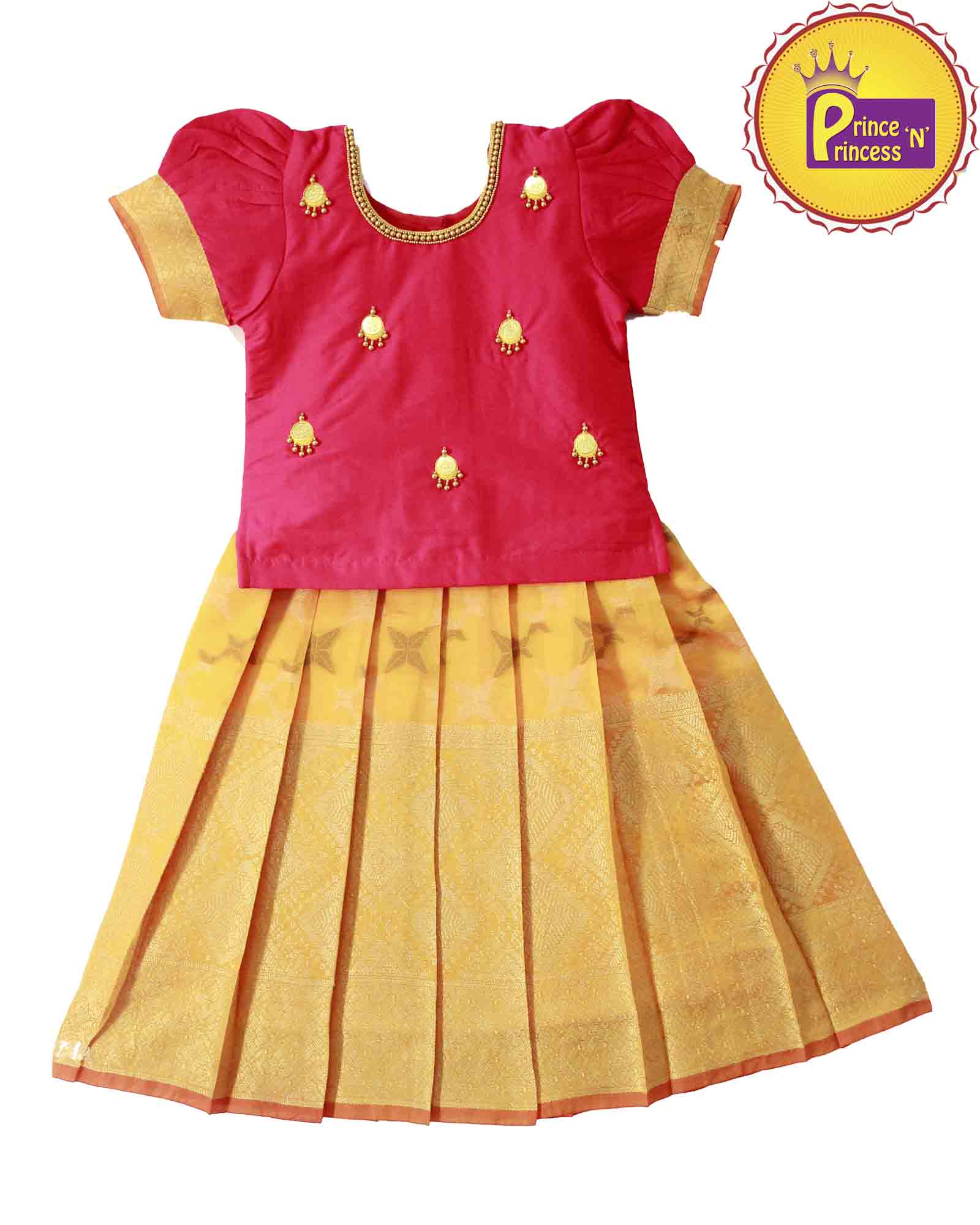 Kids Pink Orange Traditional AARI Pattu Pavadai PPP875 - Prince N Princess