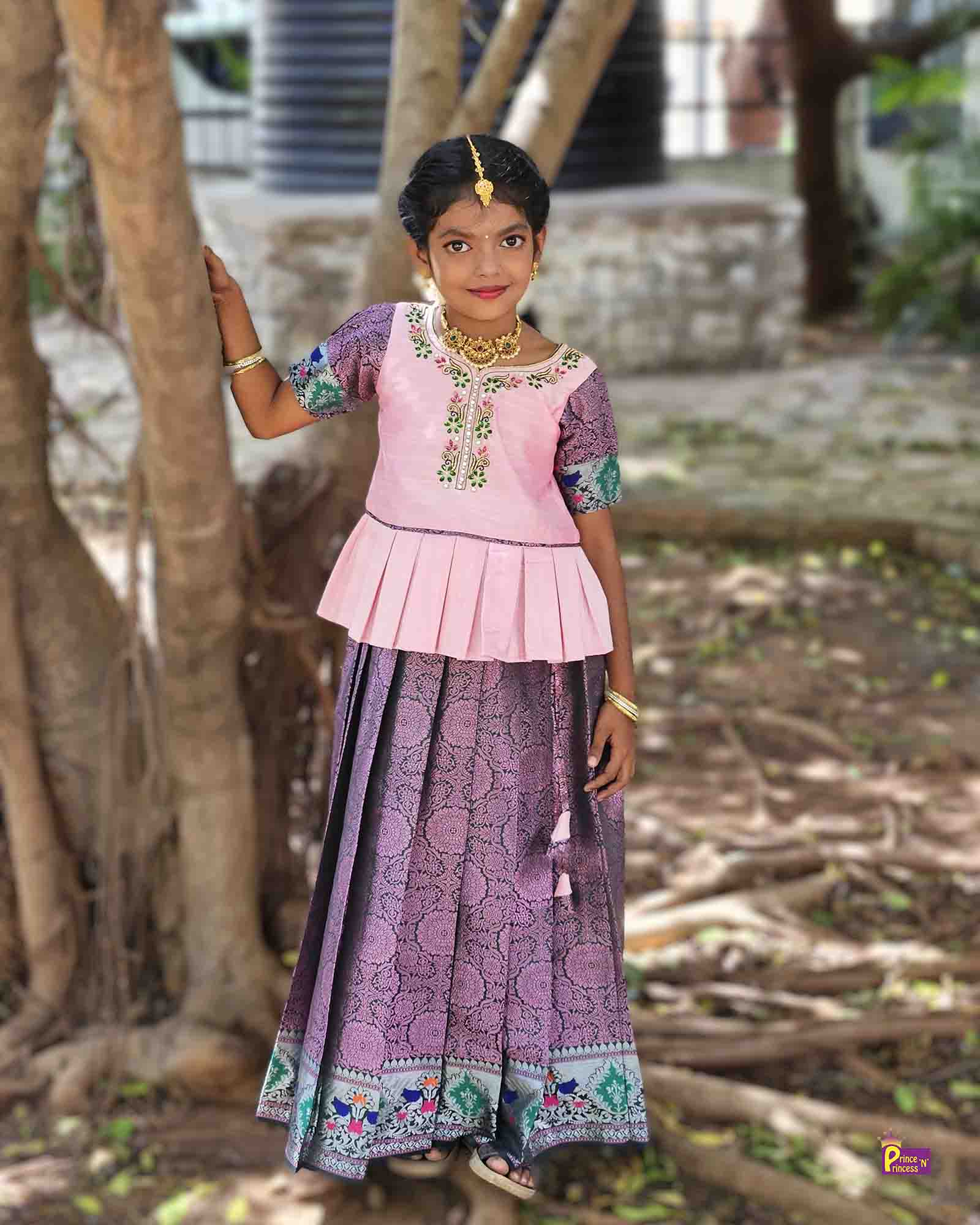 Kids Pink Raw Silk tops AARI Work Pattu Pavadai PPP1543 - Prince N Princess