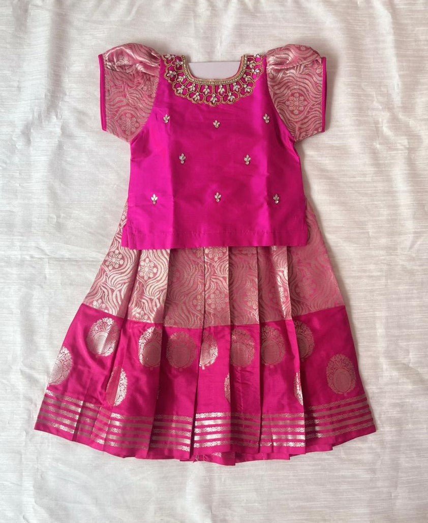Kids Traditional Aari Pattu Pavadai for Girls - Pink Raw Silk designed with Elegant Look