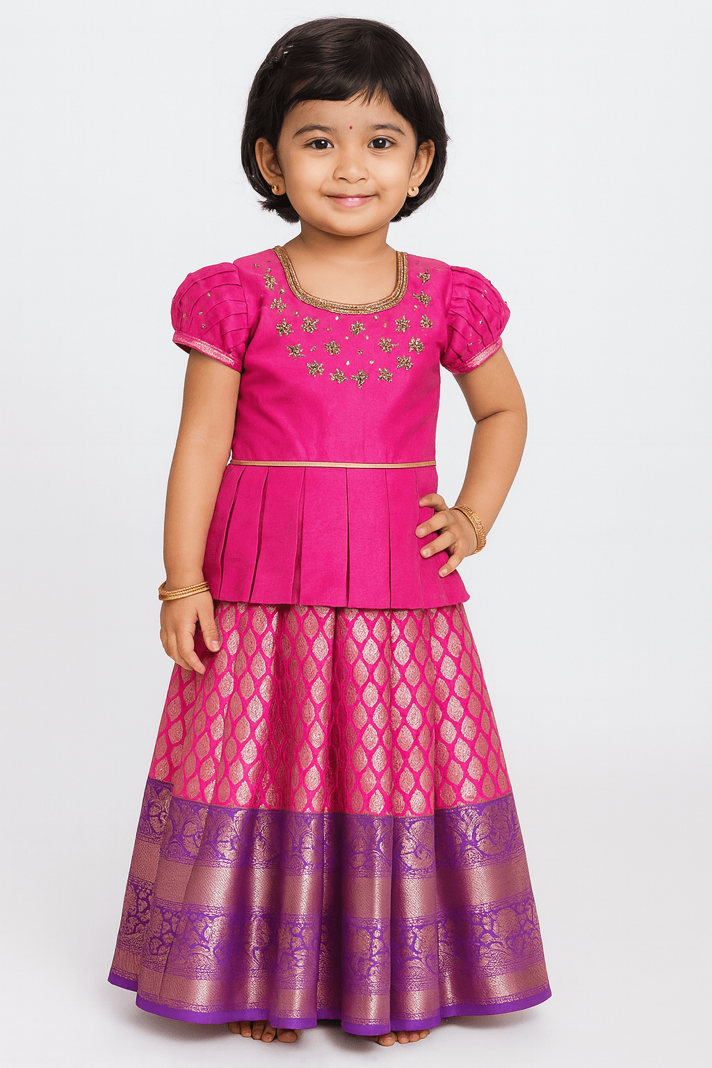 Kids Pink Traditional AARI Work pattu Pavadai PPP1498 - Prince N Princess