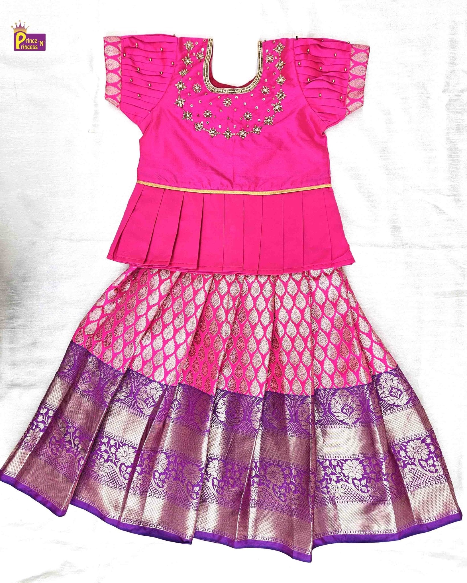Kids Pink Traditional AARI Work pattu Pavadai PPP1498 - Prince N Princess