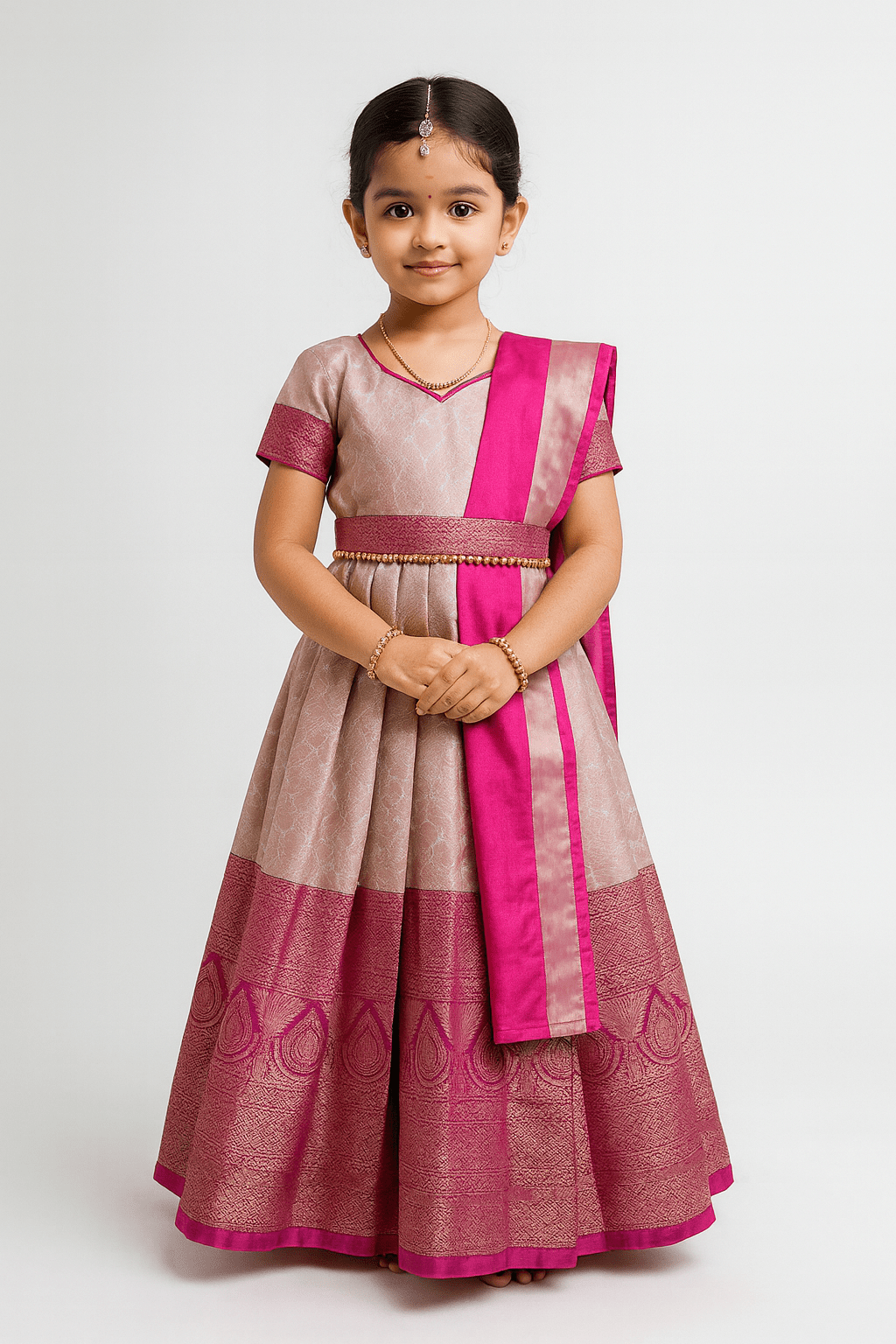 pattu gown pink banarasi silk with shawl hip belt baby girl festive wear princenprincess
