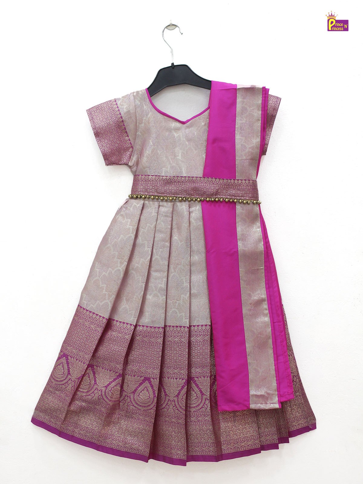pattu gown pink banarasi silk with shawl hip belt baby girl festive wear princenprincess