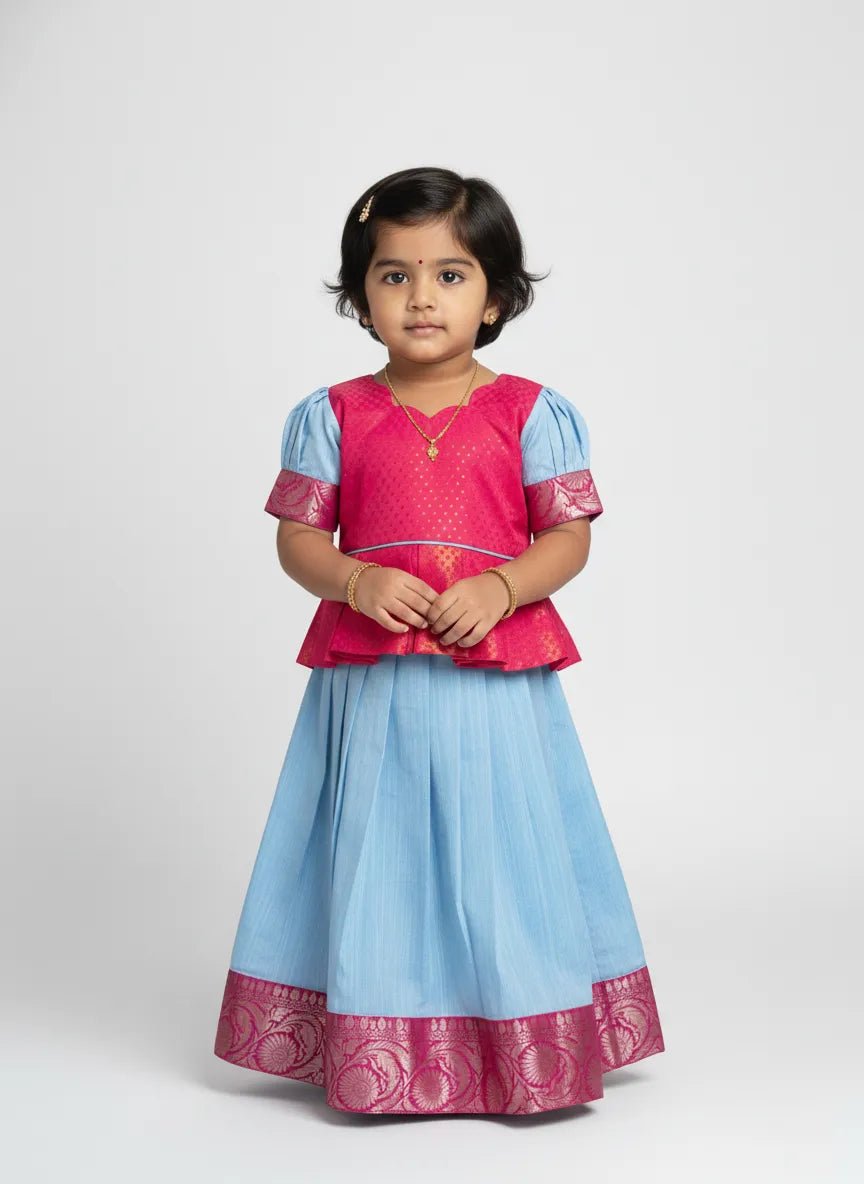 Kids Pink With Blue Traditional Pattu Pavadai PPP1524 - Prince N Princess
