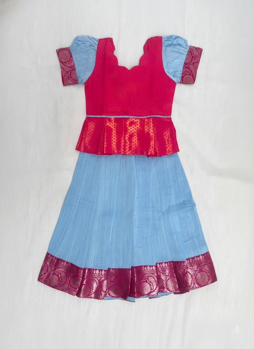 Kids Pink With Blue Traditional Pattu Pavadai PPP1524 - Prince N Princess