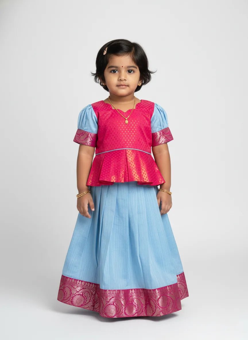 Kids Pink With Blue Traditional Pattu Pavadai PPP1524 - Prince N Princess