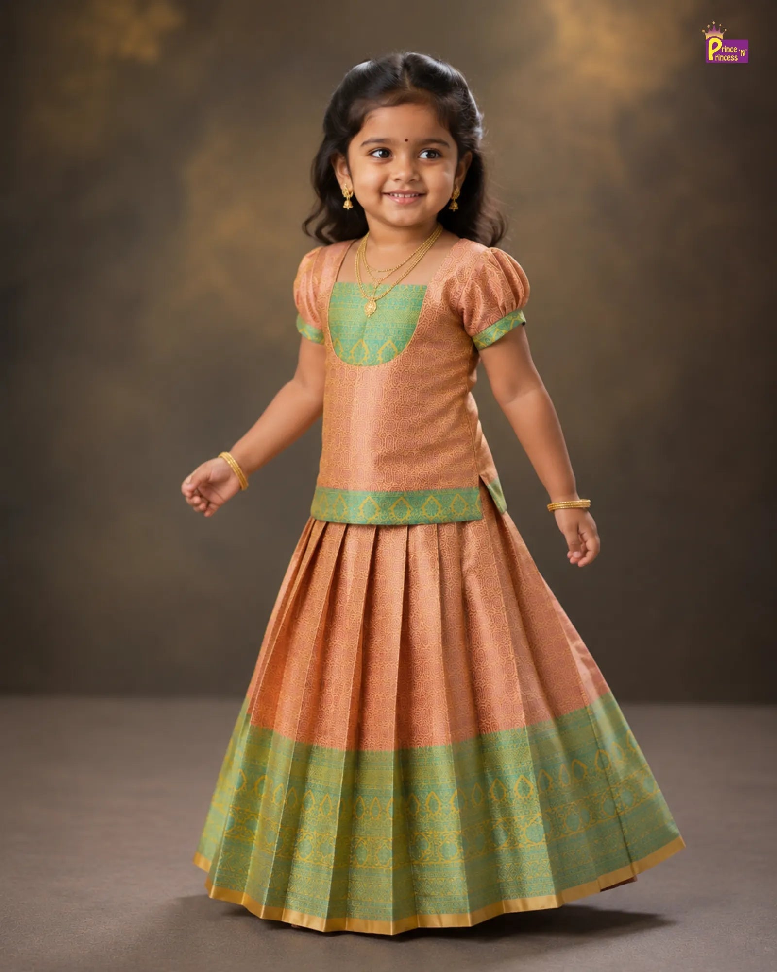 Kids Pink with Copper Blue Traditional Pattupavadai PPP1910 for kids festival wear