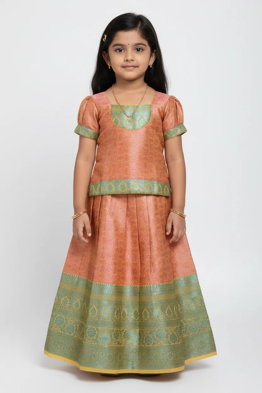 Kids Pink with Copper Blue Traditional Pattupavadai PPP1910 - Prince N Princess