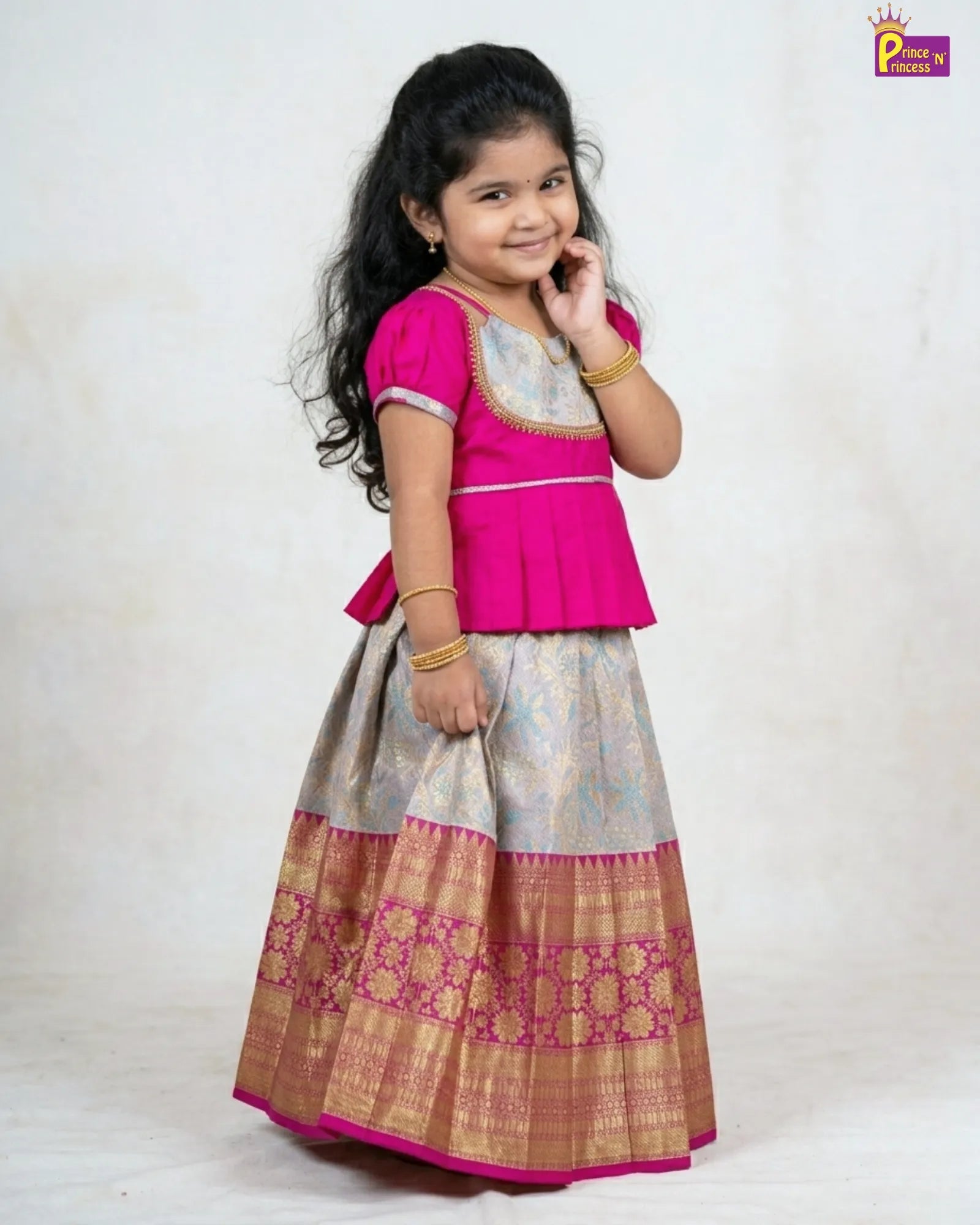 cute pose of pink pattu pavadai collection only at princenpricess