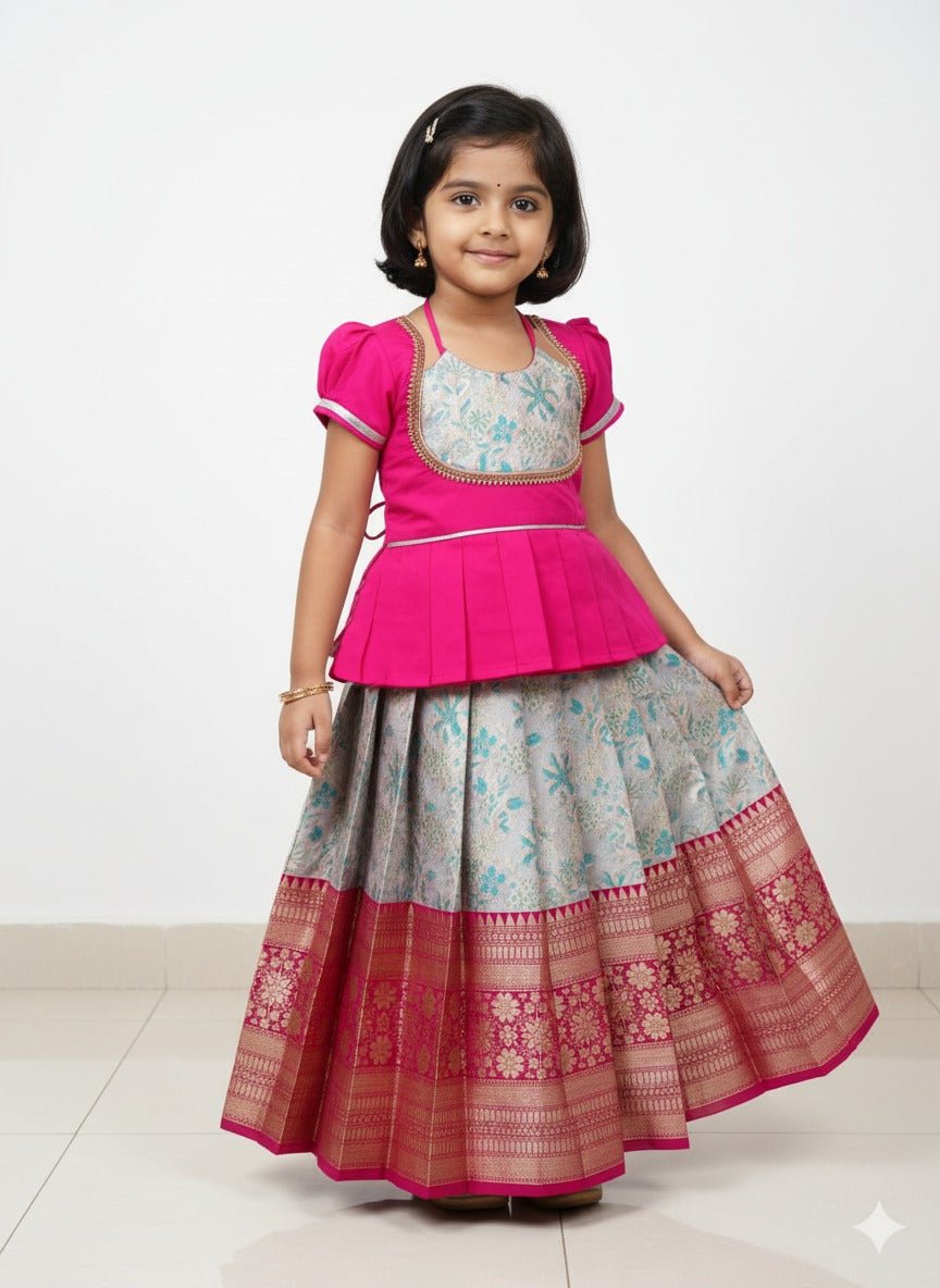 Kids Pink With Cream Traditional Pattupavadai PPP1921 - Prince N Princess