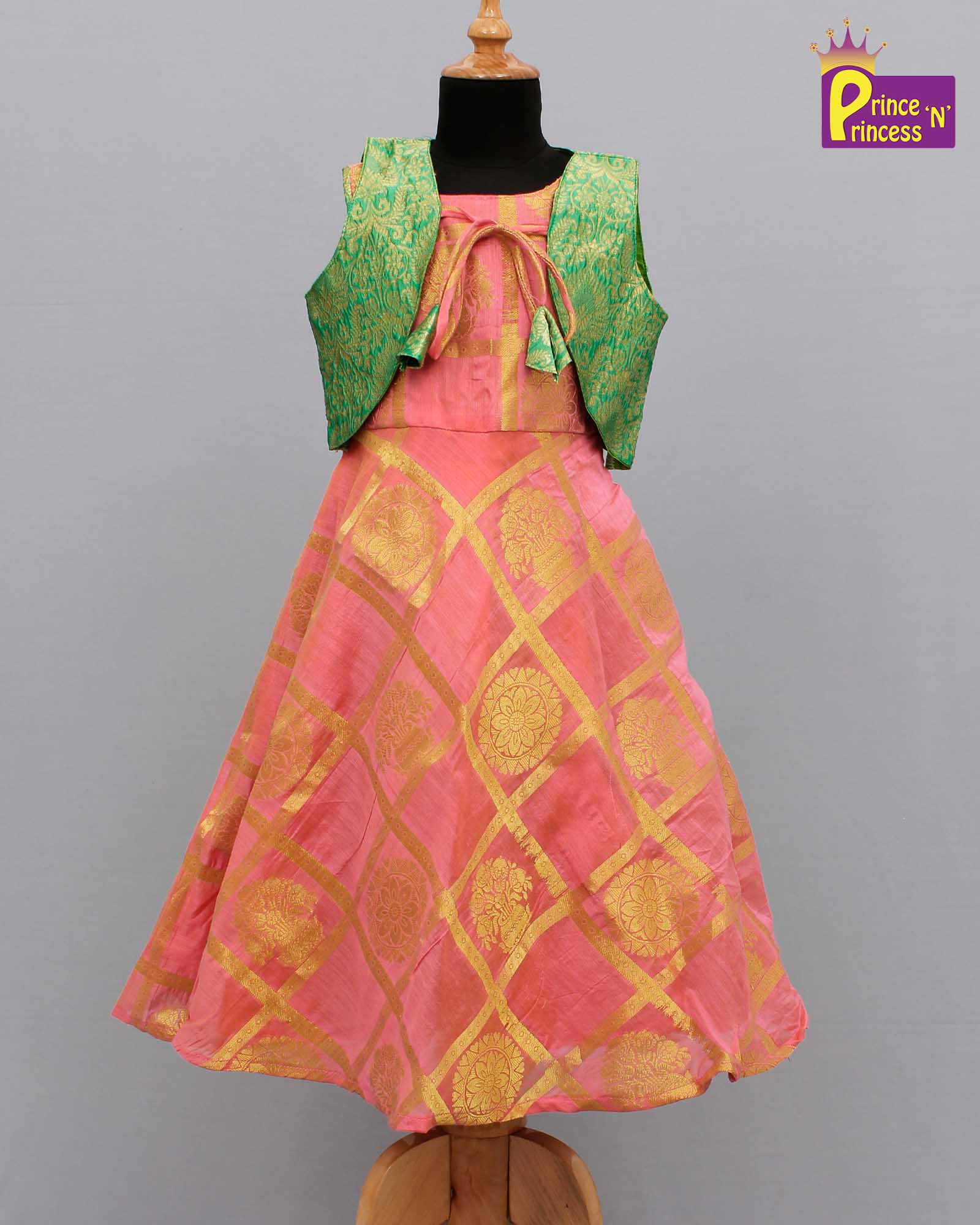 Kids pink with Green Ethnic Coat Gown PG288 - Prince N Princess