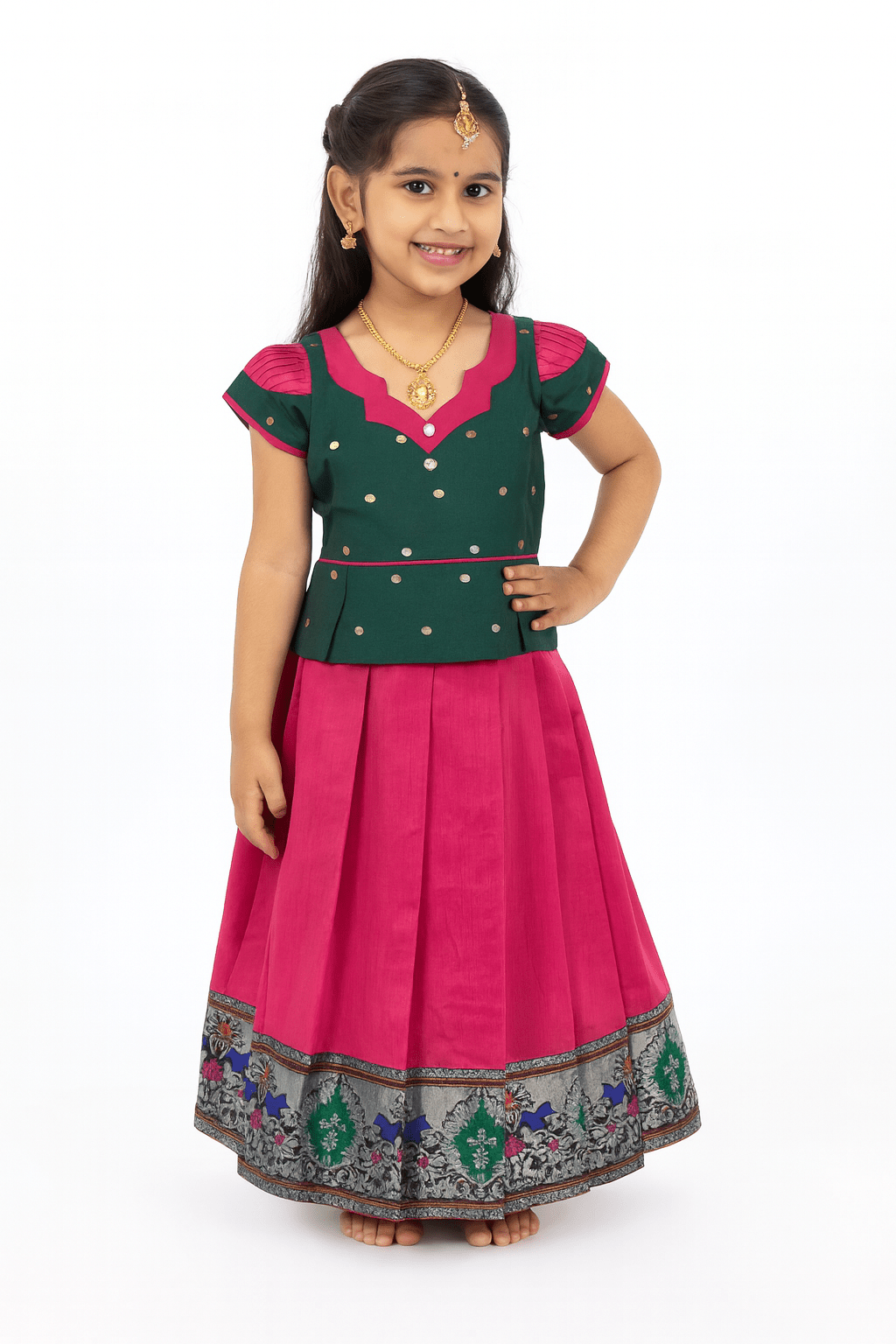 Kids Pink with Green Traditional Pattu pavadai PPP1525 - Prince N Princess
