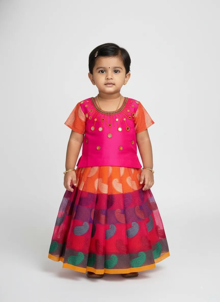 Kids Pink With Multi Colour Traditional AARI Pattu Pavadai PPP1816 - Prince N Princess