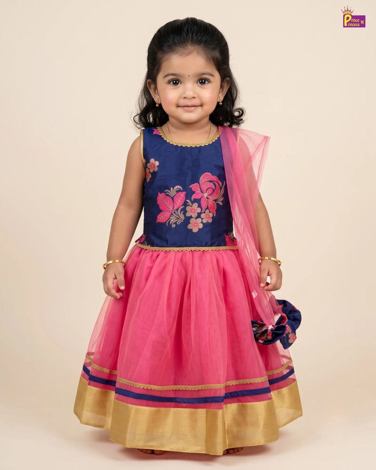 Kids Pink With Navy Blue Embroidery Border Lehenga Choli LC122 for kids festival wear