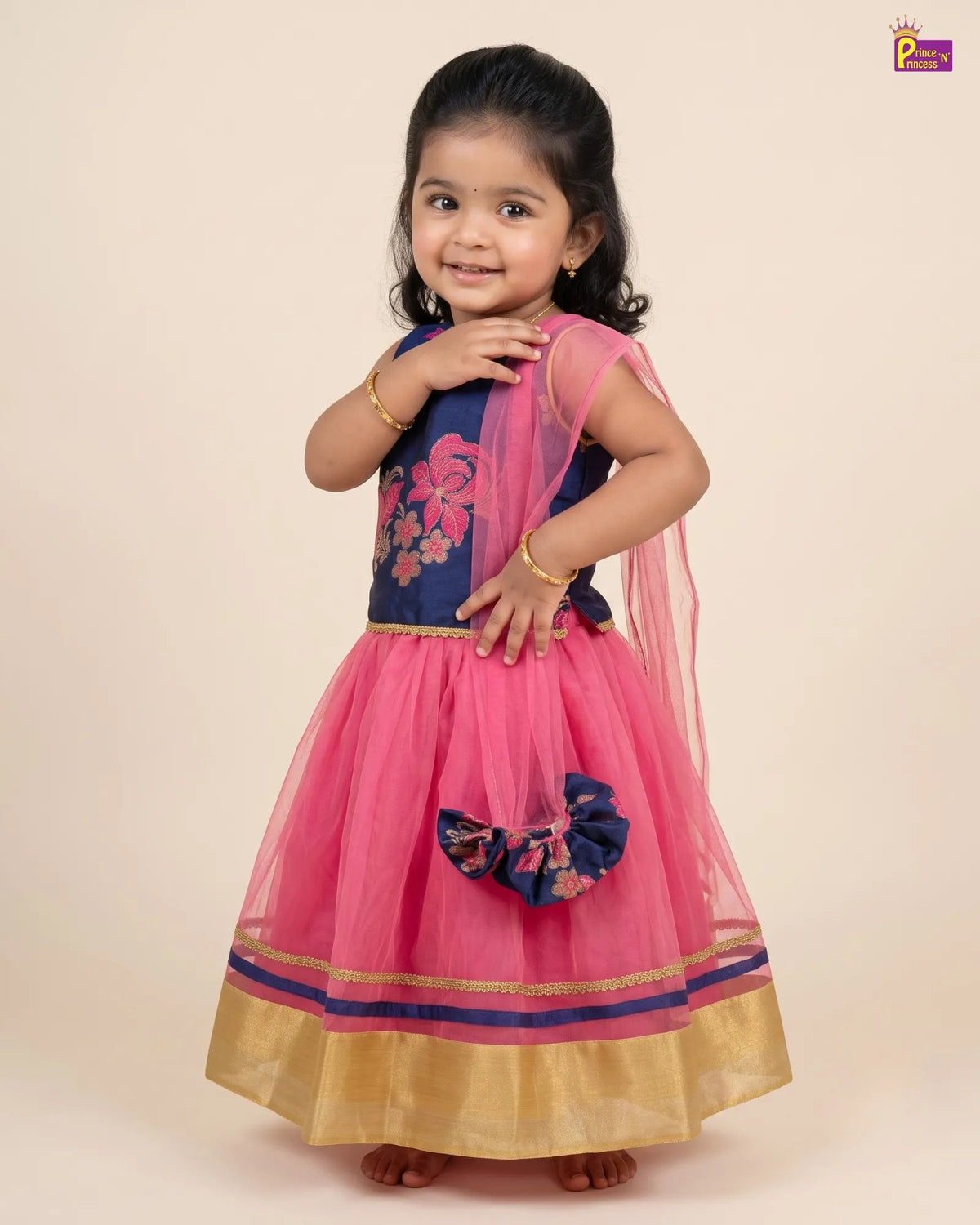 Kids Pink With Navy Blue Embroidery Border Lehenga Choli LC122 for kids festival wear