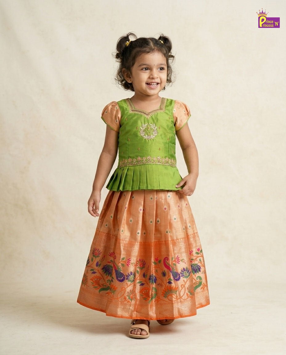Kids Pink with Navy Traditional Aari Pattupavadai PPP1555 for kids festival wear